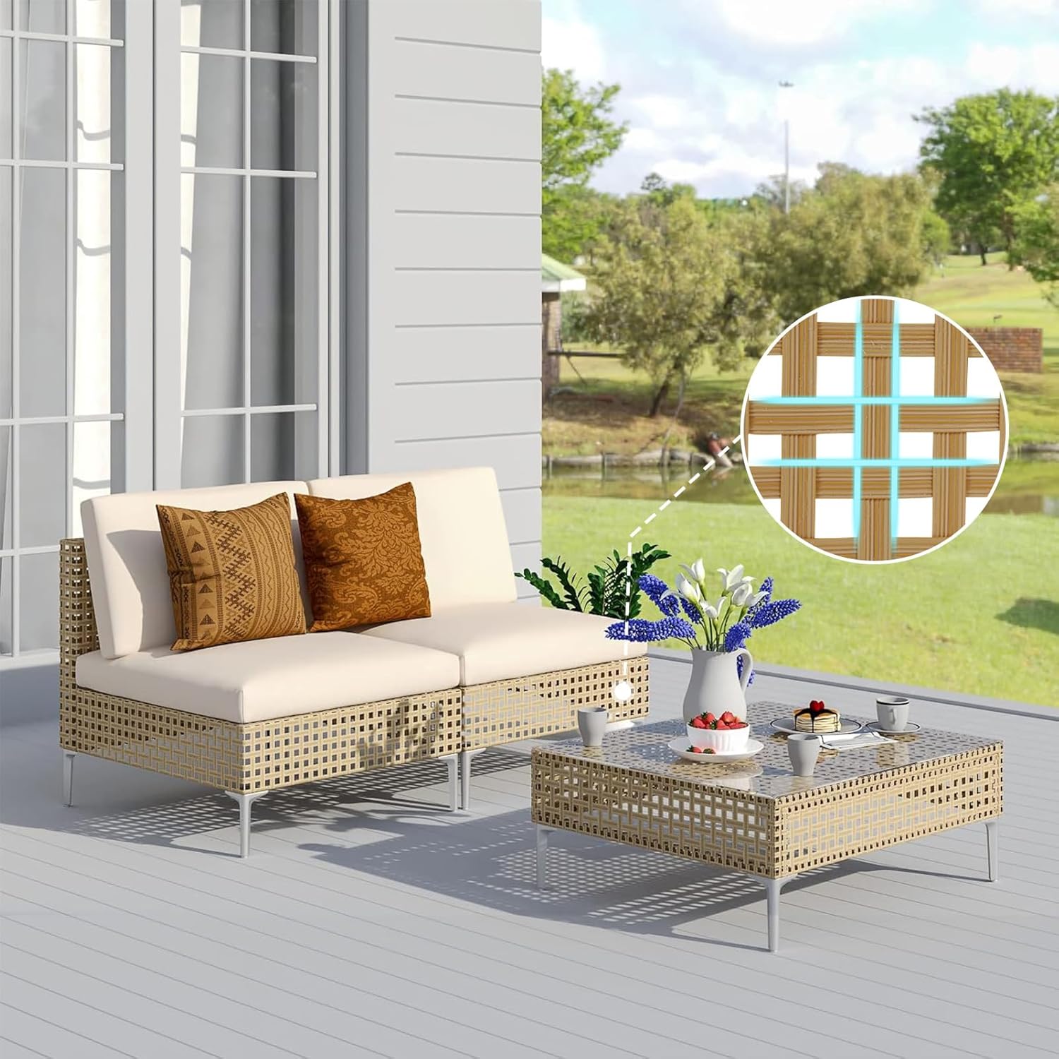 Grand patio 7-Piece Wicker Patio Furniture Set, Boho Outdoor Conversation Set Sectional Sofa with Water Resistant Thick Cushions and Coffee Table, Cream