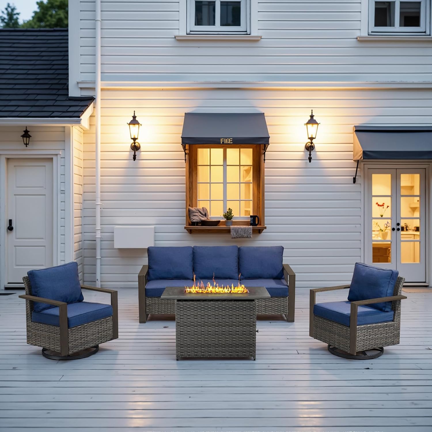 6 Piece Outdoor Patio Furniture Set with Propane Fire Pit Table, Wicker Patio Conversation Set with 2 Swivel Rocker Chairs Rattan Sofa and Removable 4" Thick Cushions for Deck Backyard