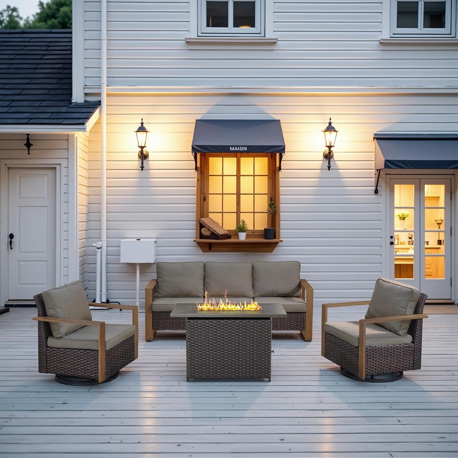 6 Piece Outdoor Patio Furniture Set with Propane Fire Pit Table, Wicker Patio Conversation Set with 2 Swivel Rocker Chairs Rattan Sofa and Removable 4" Thick Cushions for Deck Backyard