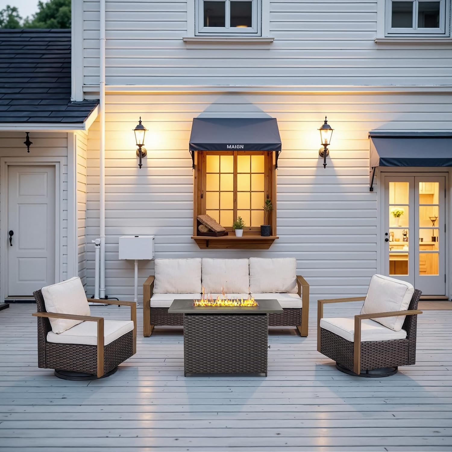 6 Piece Outdoor Patio Furniture Set with Propane Fire Pit Table, Wicker Patio Conversation Set with 2 Swivel Rocker Chairs Rattan Sofa and Removable 4" Thick Cushions for Deck Backyard