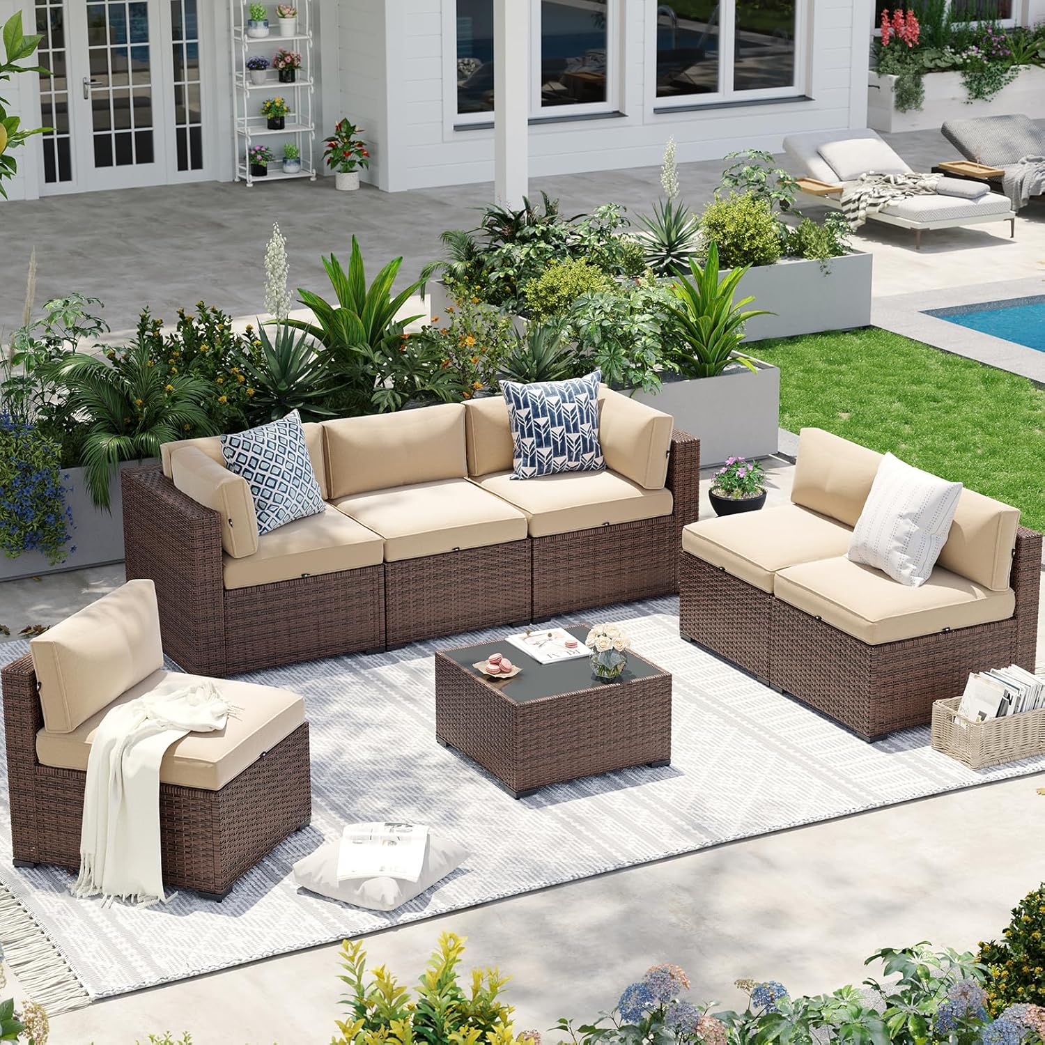 Patio Furniture Sets, 7-Piece Outdoor Patio Furniture with Thick Cushions, Wicker Outdoor Conversation Set Sectional Sofa for Backyard, Poolside, Garden