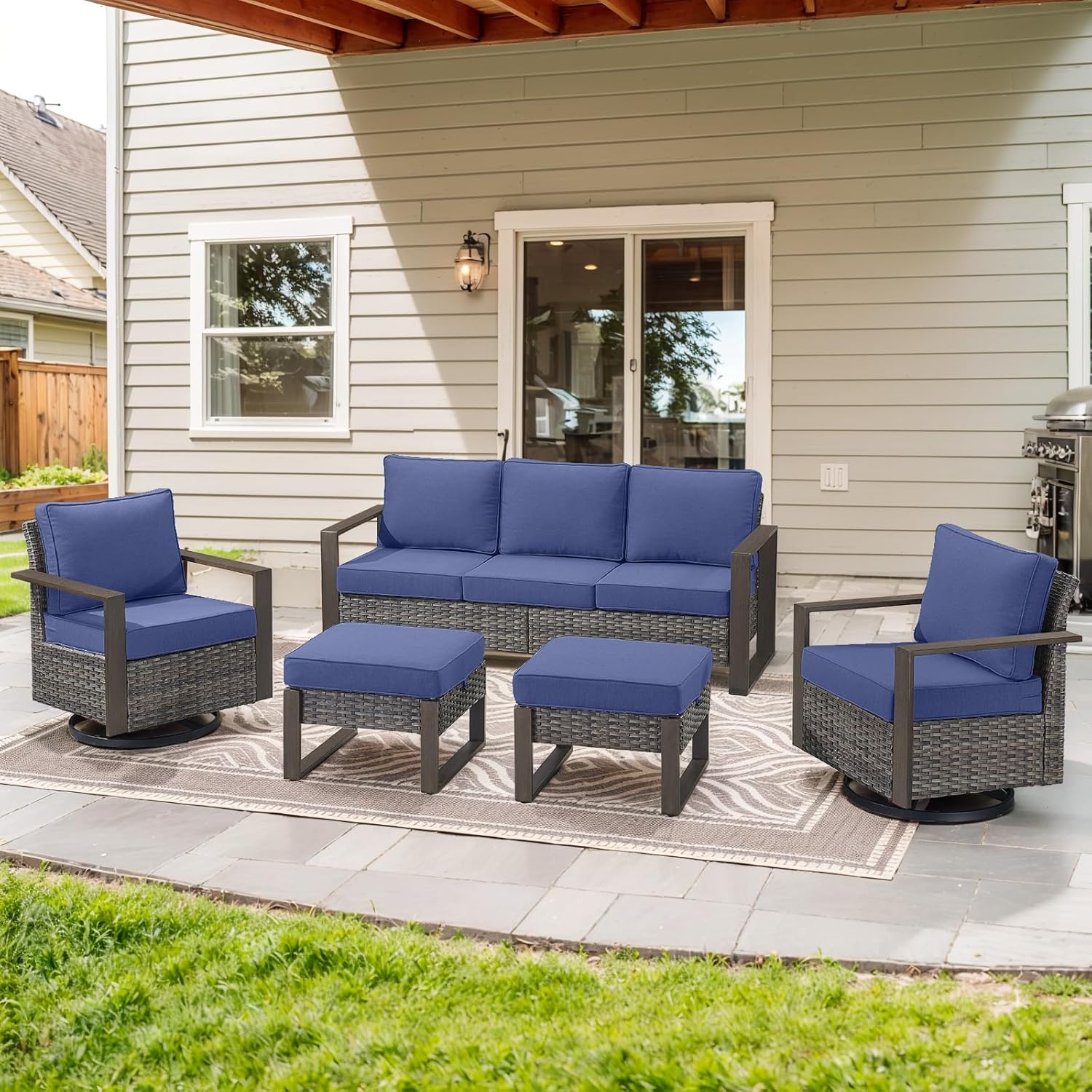 6 Piece Outdoor Patio Furniture Set with Propane Fire Pit Table, Wicker Patio Conversation Set with 2 Swivel Rocker Chairs Rattan Sofa and Removable 4" Thick Cushions for Deck Backyard