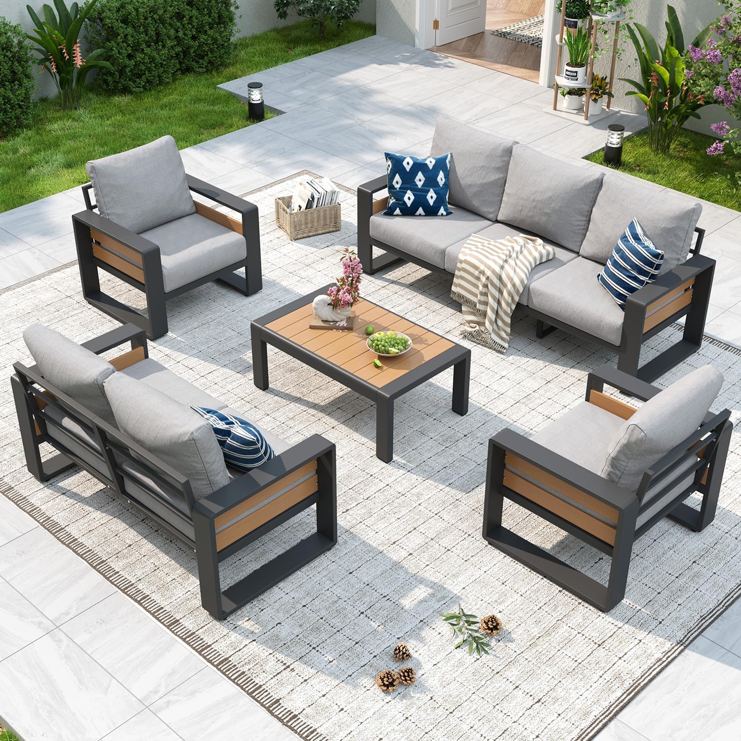 Aluminum Patio Furniture Set, 5 Piece Luxury Outdoor Sectional with 6" Olefin Fabric Cushions, Patio Conversation Sets with Coffee Table and Waterproof Cover for Backyard, Porch Dark Grey