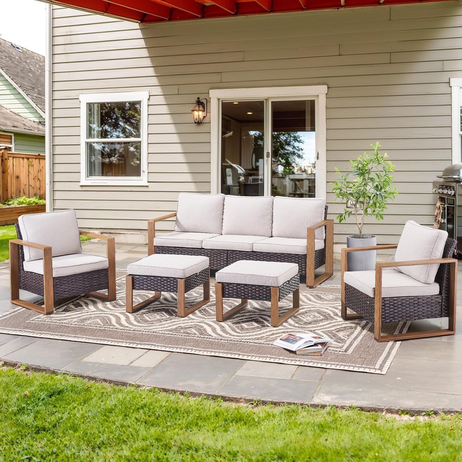 6 Piece Outdoor Patio Furniture Set with Propane Fire Pit Table, Wicker Patio Conversation Set with 2 Swivel Rocker Chairs Rattan Sofa and Removable 4" Thick Cushions for Deck Backyard