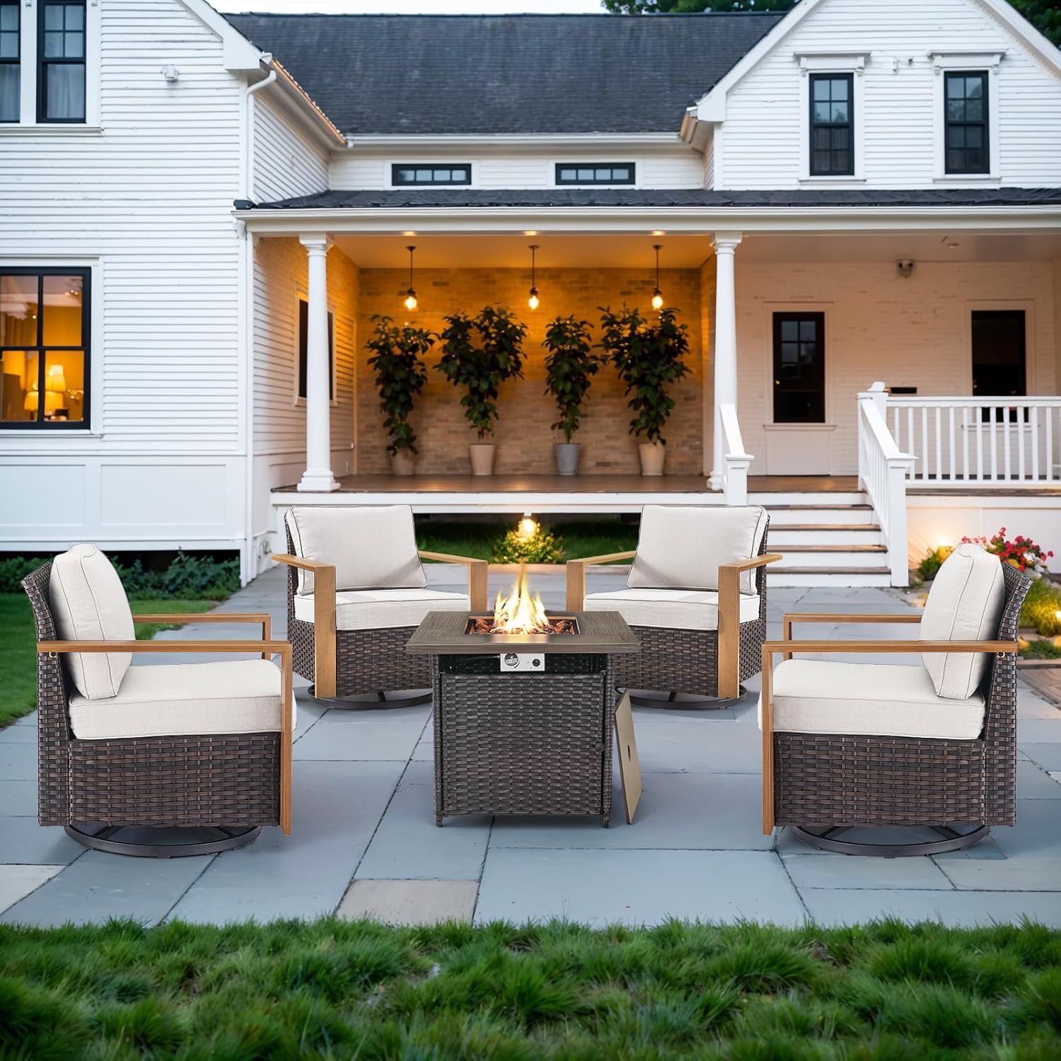 6 Piece Outdoor Patio Furniture Set with Propane Fire Pit Table, Wicker Patio Conversation Set with 2 Swivel Rocker Chairs Rattan Sofa and Removable 4" Thick Cushions for Deck Backyard