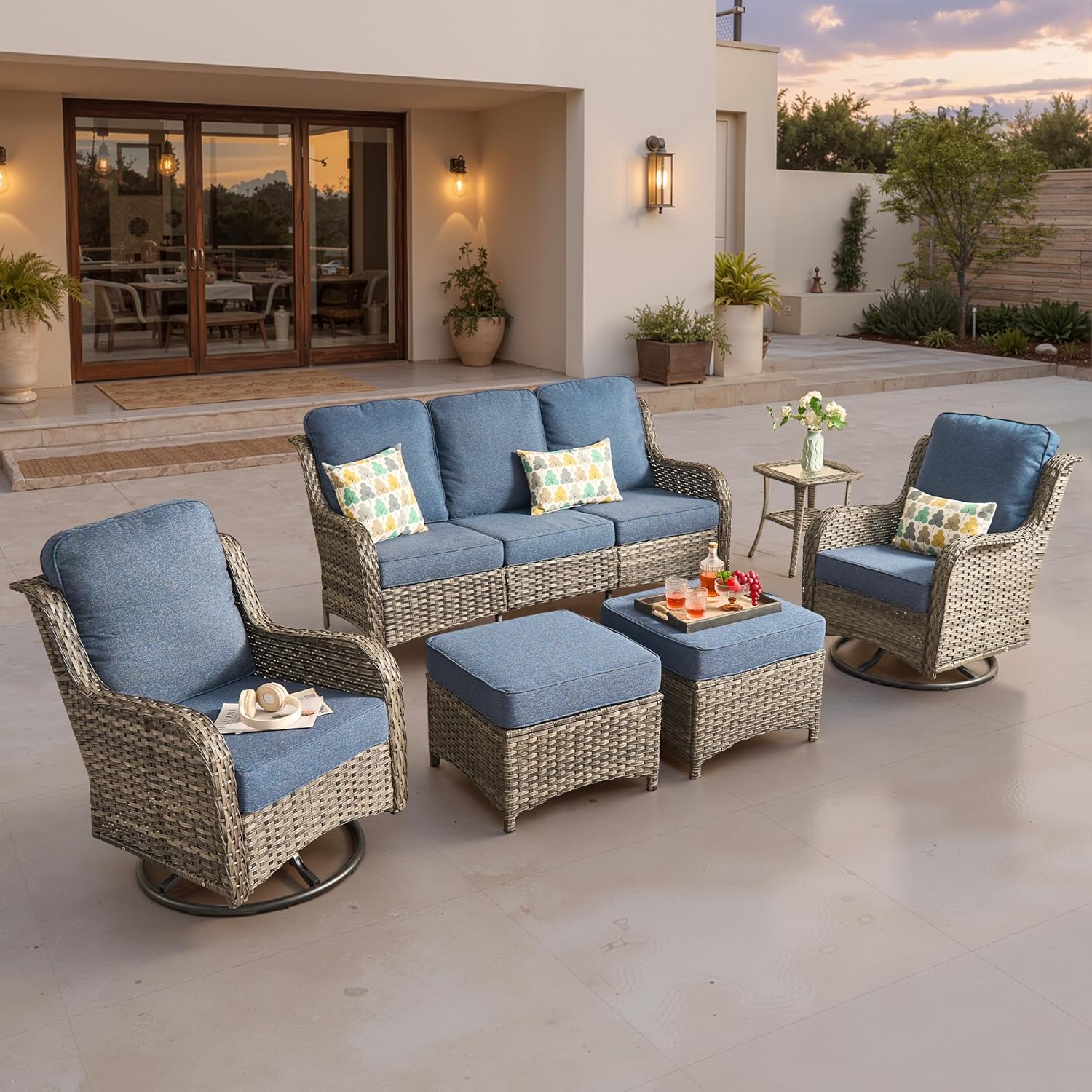 5 Pieces Patio Furniture Set, Outdoor Wicker Sofa Couch with Swivel Chairs Solar Lights Table, High Back Modern All Weather Conversation Sets, Grey Rattan, Denim Blue