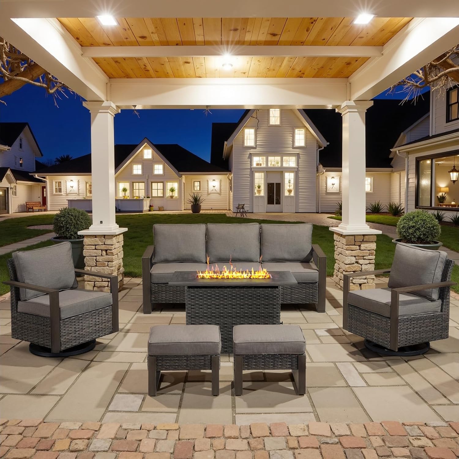 6 Piece Outdoor Patio Furniture Set with Propane Fire Pit Table, Wicker Patio Conversation Set with 2 Swivel Rocker Chairs Rattan Sofa and Removable 4" Thick Cushions for Deck Backyard