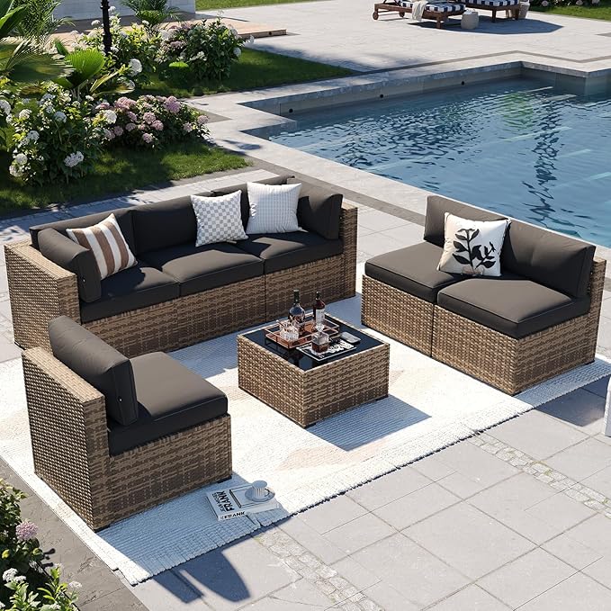 Patio Furniture Sets, 7-Piece Outdoor Patio Furniture with Thick Cushions, Wicker Outdoor Conversation Set Sectional Sofa for Backyard, Poolside, Garden