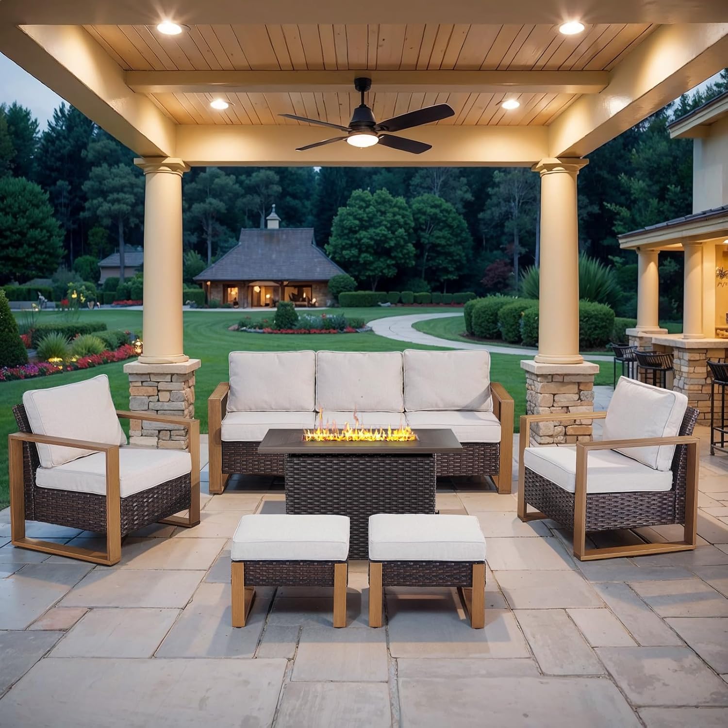 6 Piece Outdoor Patio Furniture Set with Propane Fire Pit Table, Wicker Patio Conversation Set with 2 Swivel Rocker Chairs Rattan Sofa and Removable 4" Thick Cushions for Deck Backyard