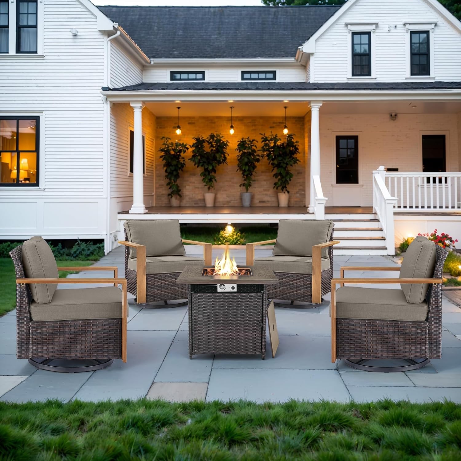 6 Piece Outdoor Patio Furniture Set with Propane Fire Pit Table, Wicker Patio Conversation Set with 2 Swivel Rocker Chairs Rattan Sofa and Removable 4" Thick Cushions for Deck Backyard