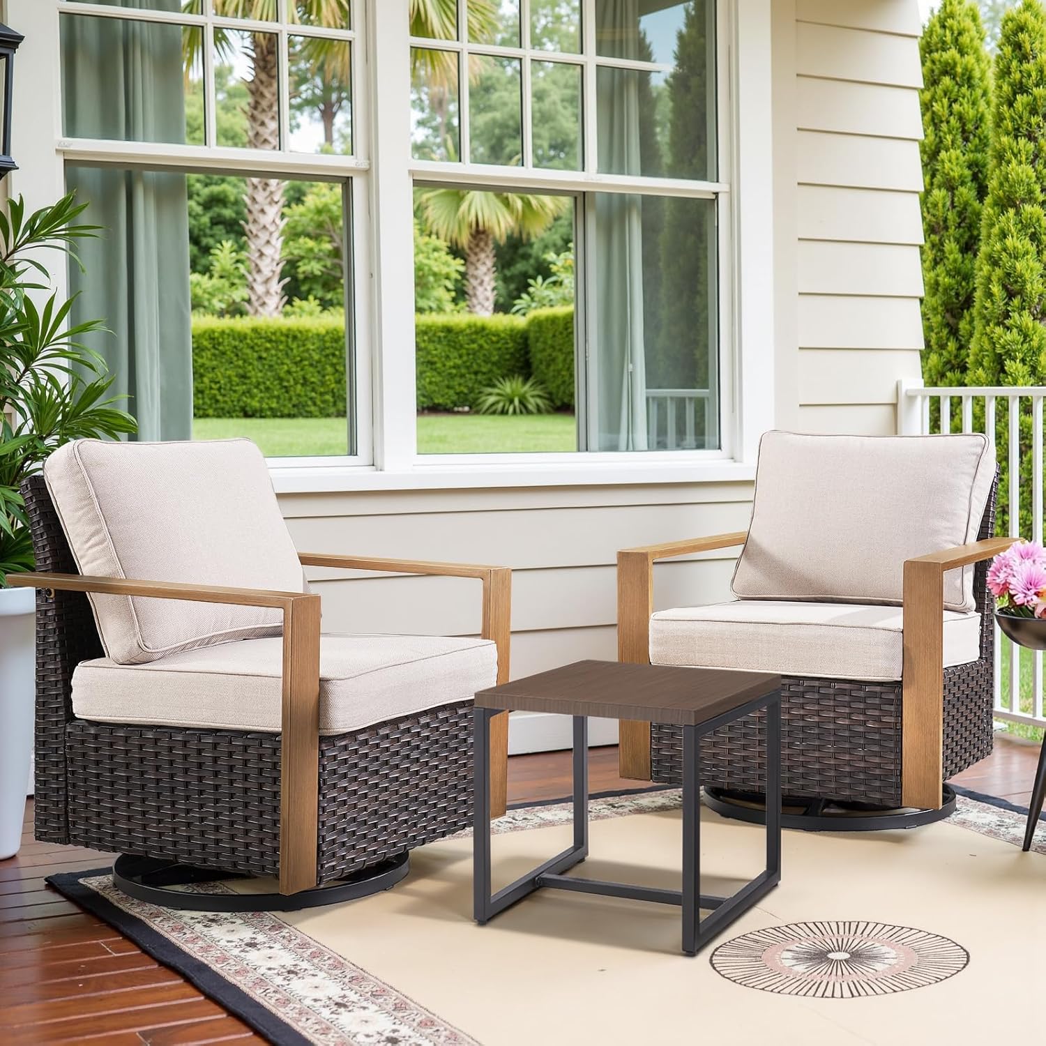 6 Piece Outdoor Patio Furniture Set with Propane Fire Pit Table, Wicker Patio Conversation Set with 2 Swivel Rocker Chairs Rattan Sofa and Removable 4" Thick Cushions for Deck Backyard