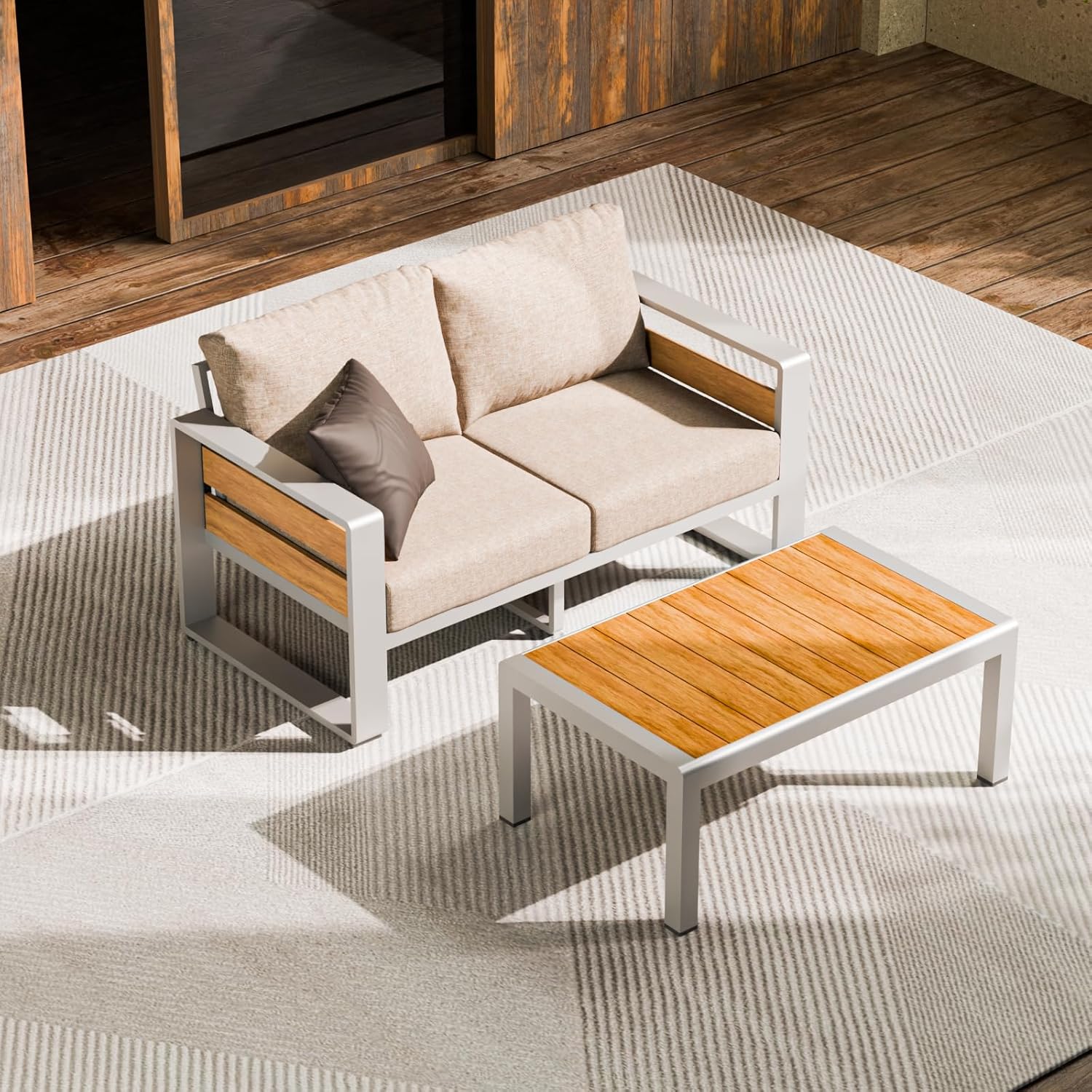 Aluminum Outdoor Patio Furniture Set, 5-Piece Metal Modern Outside Sectional Conversation Lawn Furniture with Coffee Table & Washable Thick Cushions,Seating Sofa for Garden/Backyard/Porch Grey