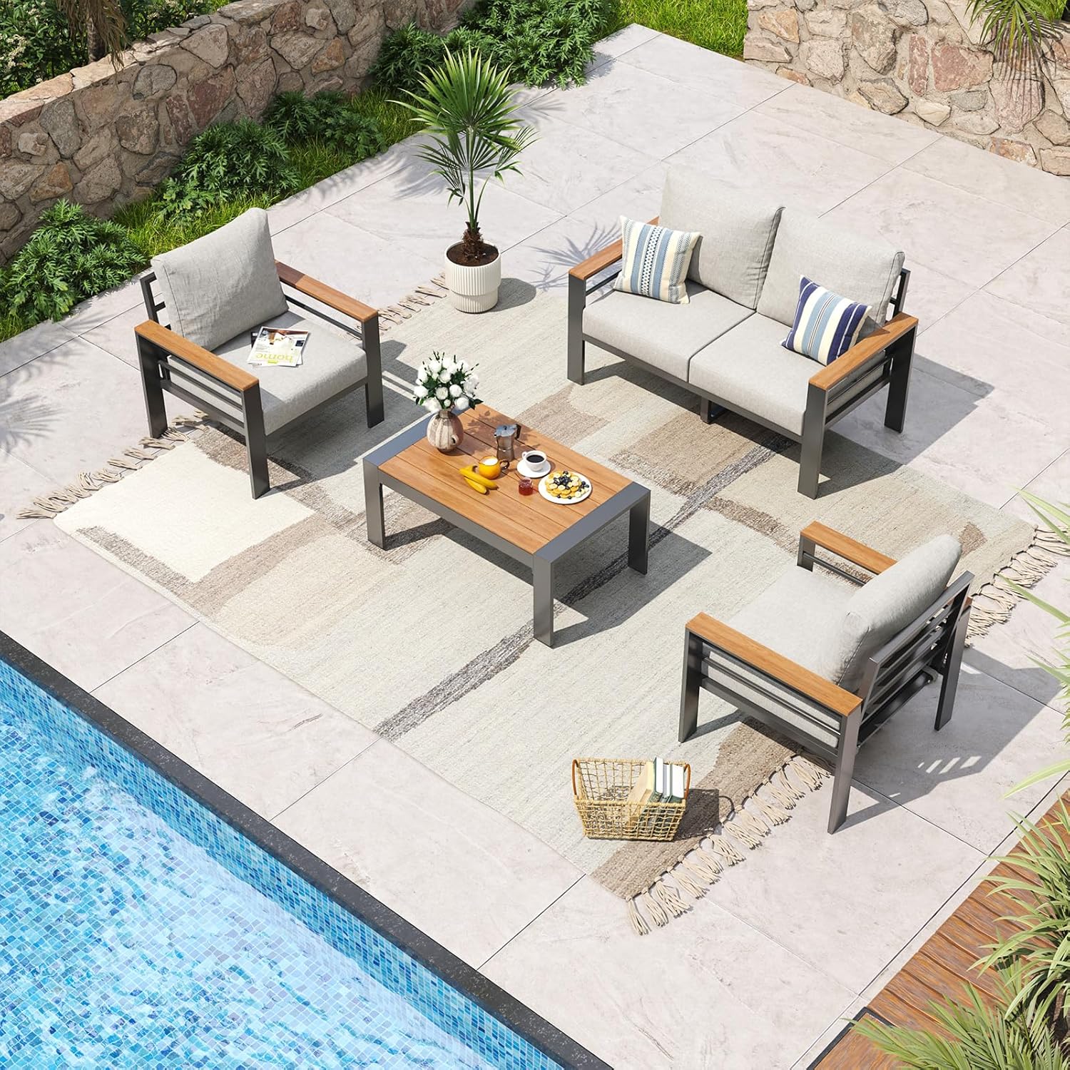 Aluminum Patio Furniture Set 7 Seats, Oversized Outdoor Sectional with Washable Thick Cushions, Coffee Table and Waterproof Cover, Patio Conversation Sets for Porch, Balcony, Deck