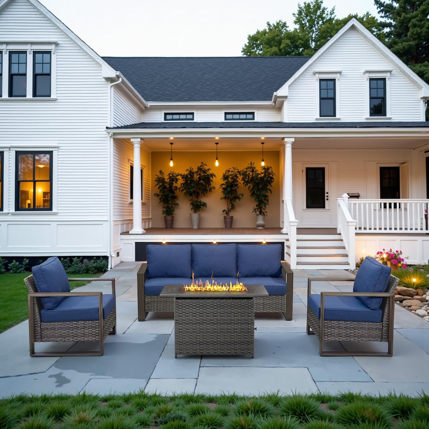 6 Piece Outdoor Patio Furniture Set with Propane Fire Pit Table, Wicker Patio Conversation Set with 2 Swivel Rocker Chairs Rattan Sofa and Removable 4" Thick Cushions for Deck Backyard