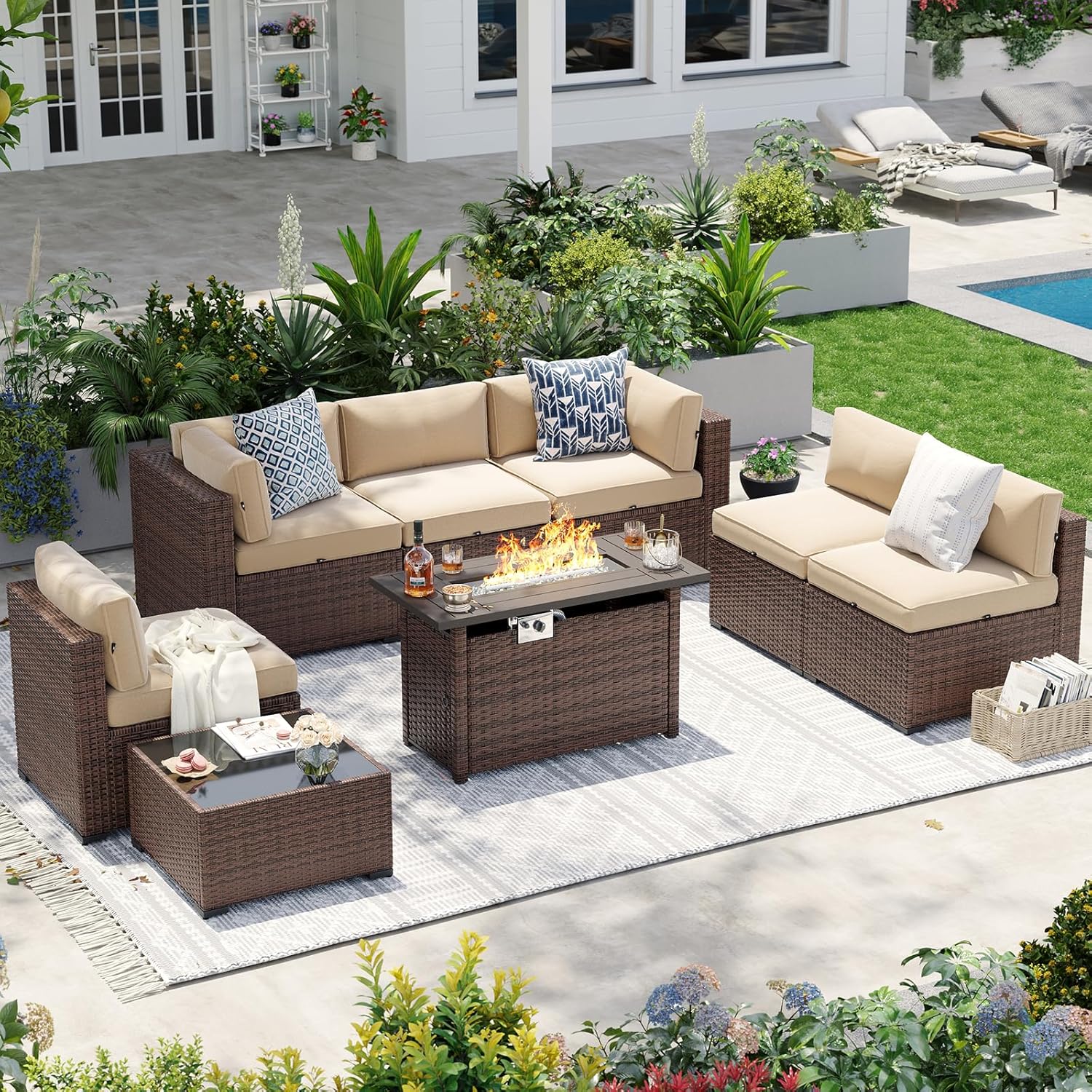 Patio Furniture Sets, 7-Piece Outdoor Patio Furniture with Thick Cushions, Wicker Outdoor Conversation Set Sectional Sofa for Backyard, Poolside, Garden