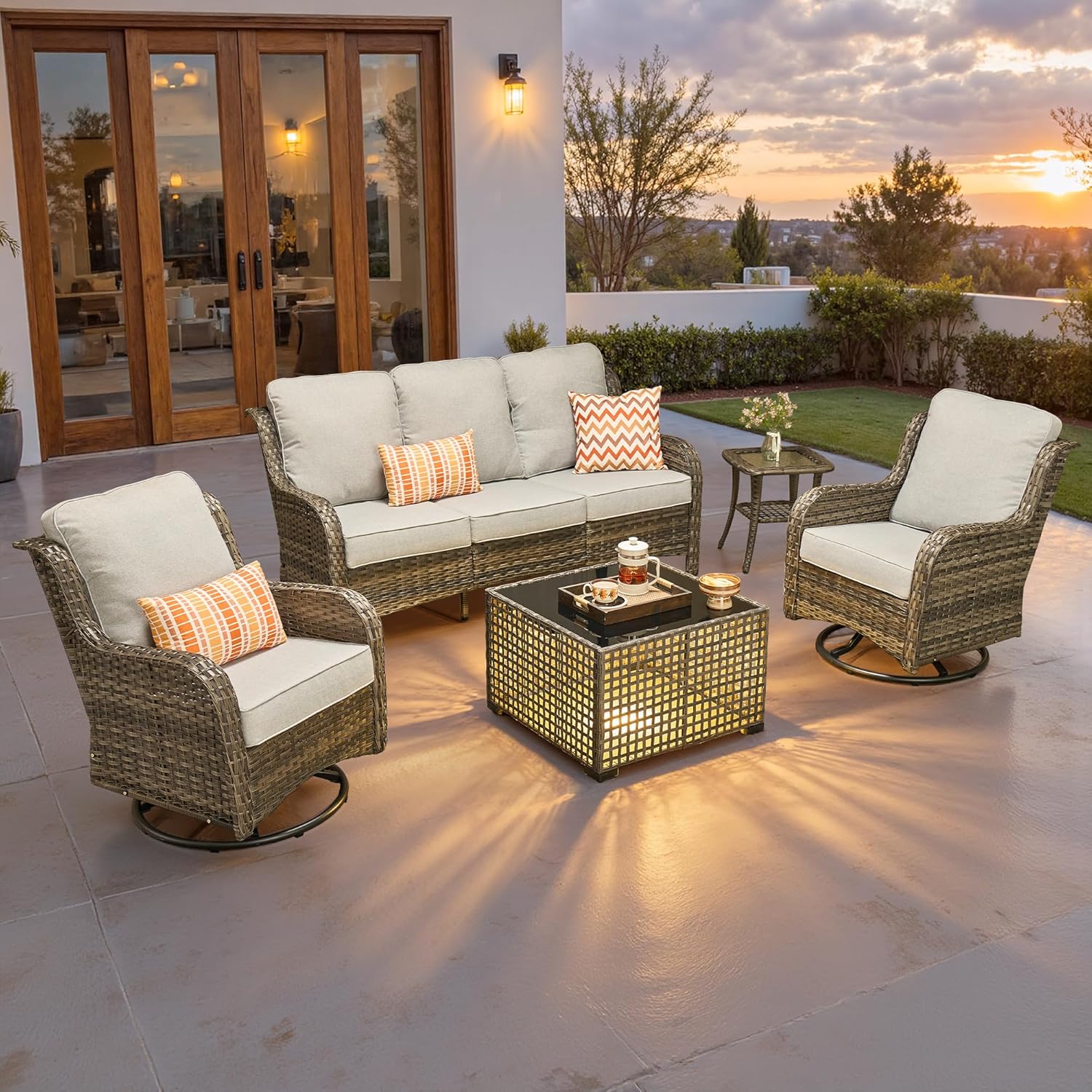 5 Pieces Patio Furniture Set, Outdoor Wicker Sofa Couch with Swivel Chairs Solar Lights Table, High Back Modern All Weather Conversation Sets, Grey Rattan, Denim Blue