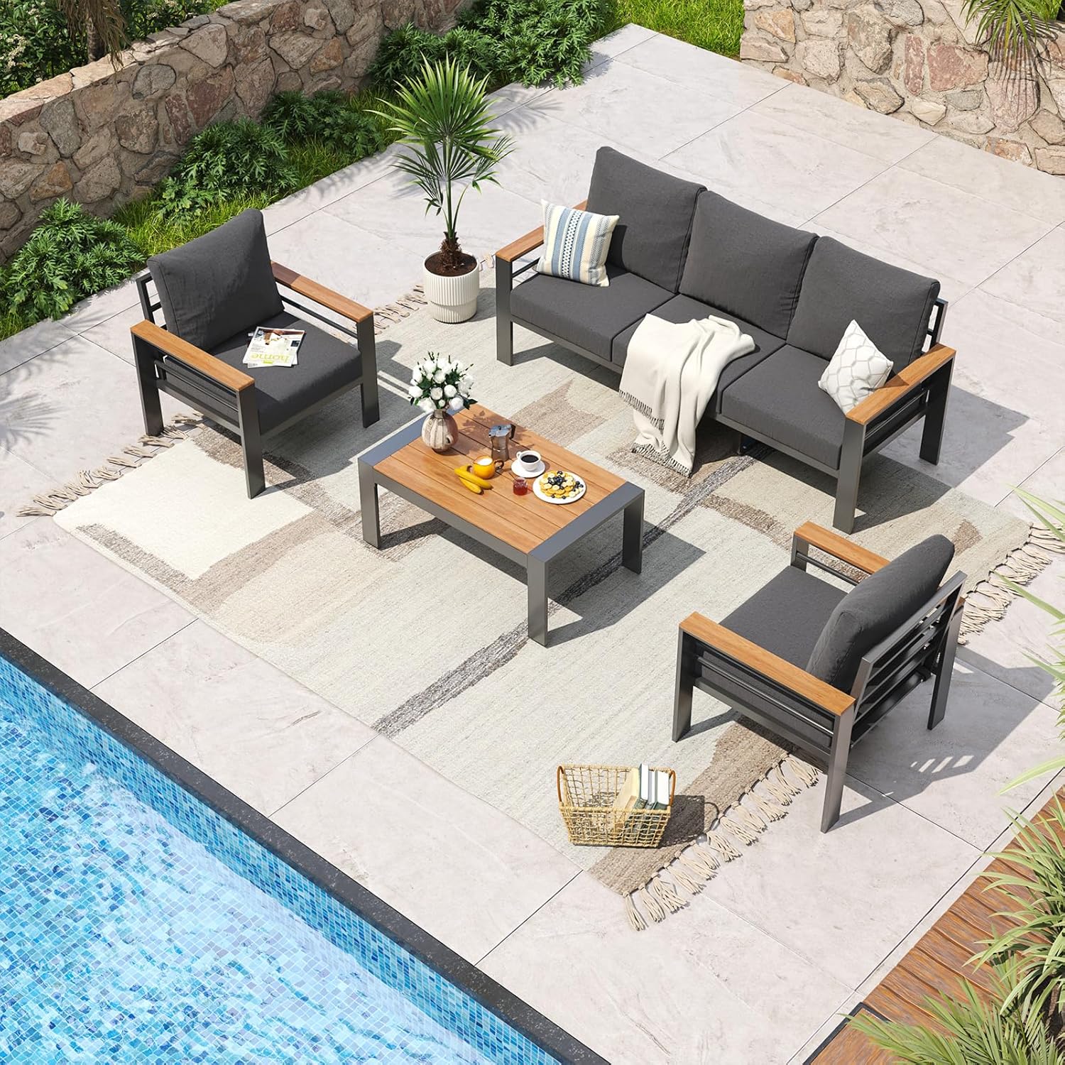 Aluminum Patio Furniture Set 7 Seats, Oversized Outdoor Sectional with Washable Thick Cushions, Coffee Table and Waterproof Cover, Patio Conversation Sets for Porch, Balcony, Deck