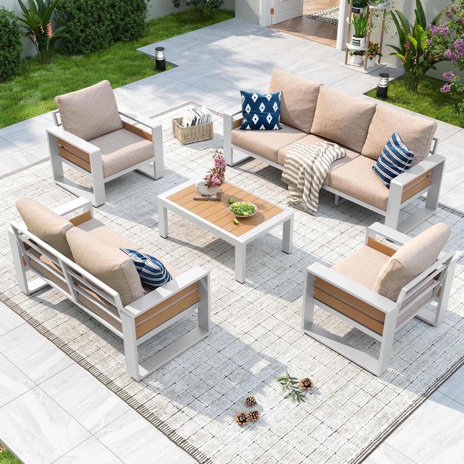 Aluminum Patio Furniture Set, 5 Piece Luxury Outdoor Sectional with 6" Olefin Fabric Cushions, Patio Conversation Sets with Coffee Table and Waterproof Cover for Backyard, Porch Dark Grey