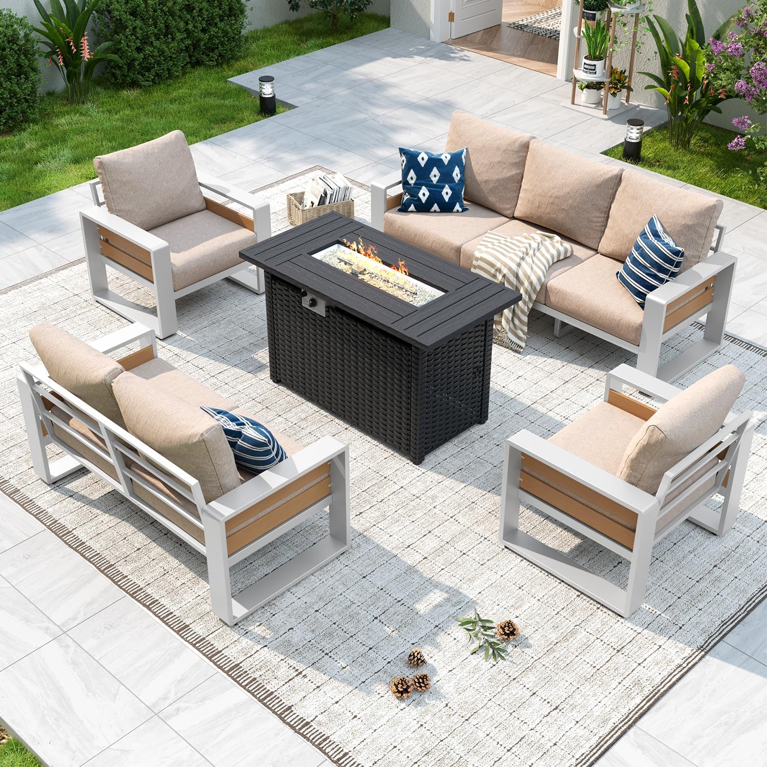 Aluminum Patio Furniture Set, 5 Piece Luxury Outdoor Sectional with 6" Olefin Fabric Cushions, Patio Conversation Sets with Coffee Table and Waterproof Cover for Backyard, Porch Dark Grey