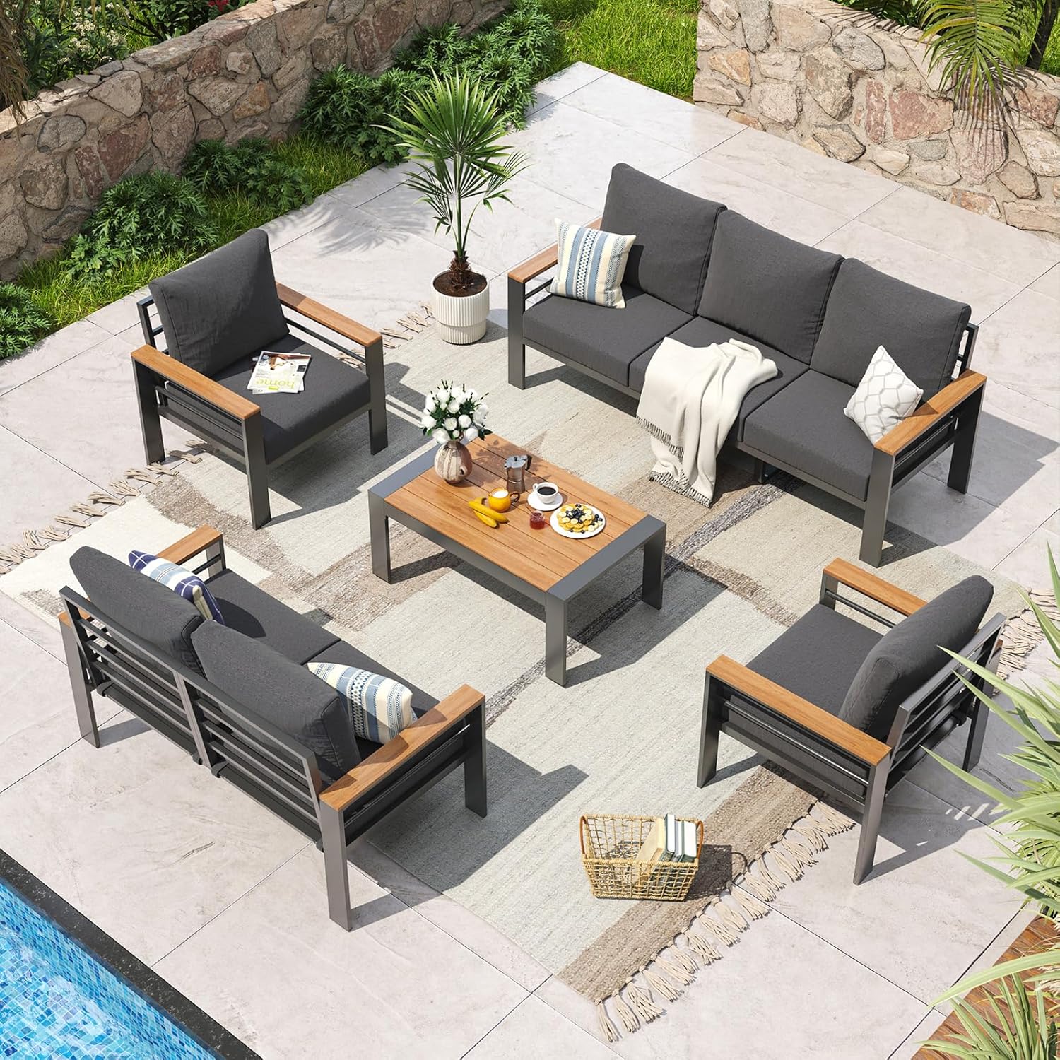 Aluminum Patio Furniture Set 7 Seats, Oversized Outdoor Sectional with Washable Thick Cushions, Coffee Table and Waterproof Cover, Patio Conversation Sets for Porch, Balcony, Deck