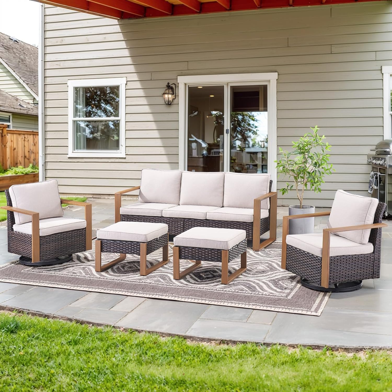 6 Piece Outdoor Patio Furniture Set with Propane Fire Pit Table, Wicker Patio Conversation Set with 2 Swivel Rocker Chairs Rattan Sofa and Removable 4" Thick Cushions for Deck Backyard