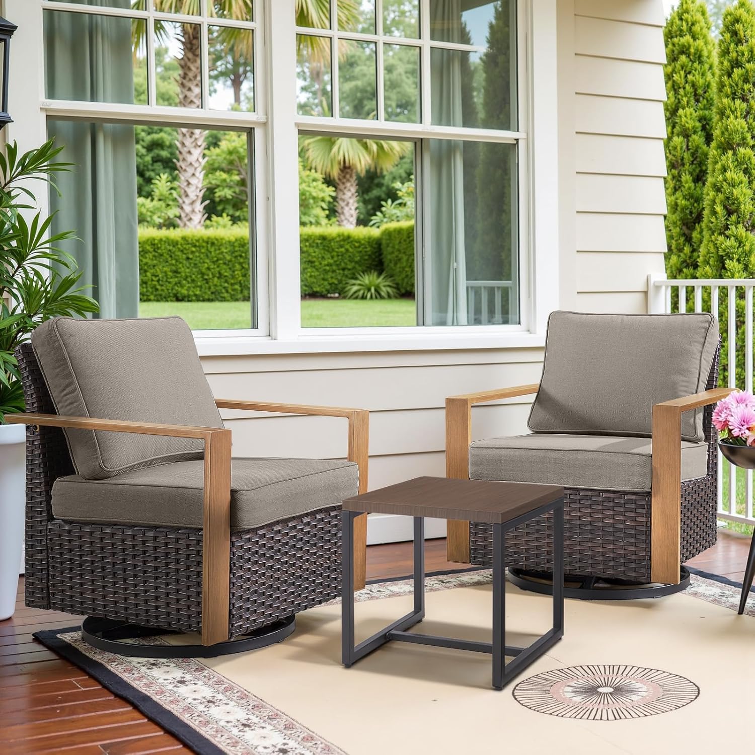 6 Piece Outdoor Patio Furniture Set with Propane Fire Pit Table, Wicker Patio Conversation Set with 2 Swivel Rocker Chairs Rattan Sofa and Removable 4" Thick Cushions for Deck Backyard