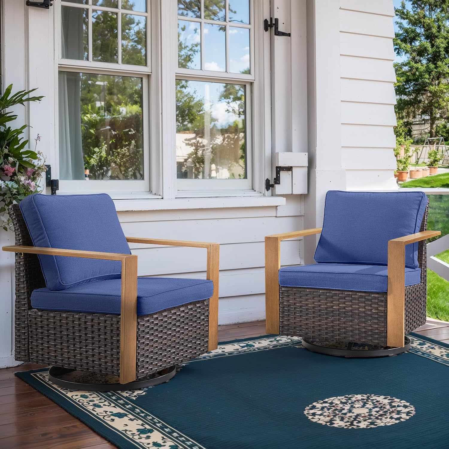 6 Piece Outdoor Patio Furniture Set with Propane Fire Pit Table, Wicker Patio Conversation Set with 2 Swivel Rocker Chairs Rattan Sofa and Removable 4" Thick Cushions for Deck Backyard