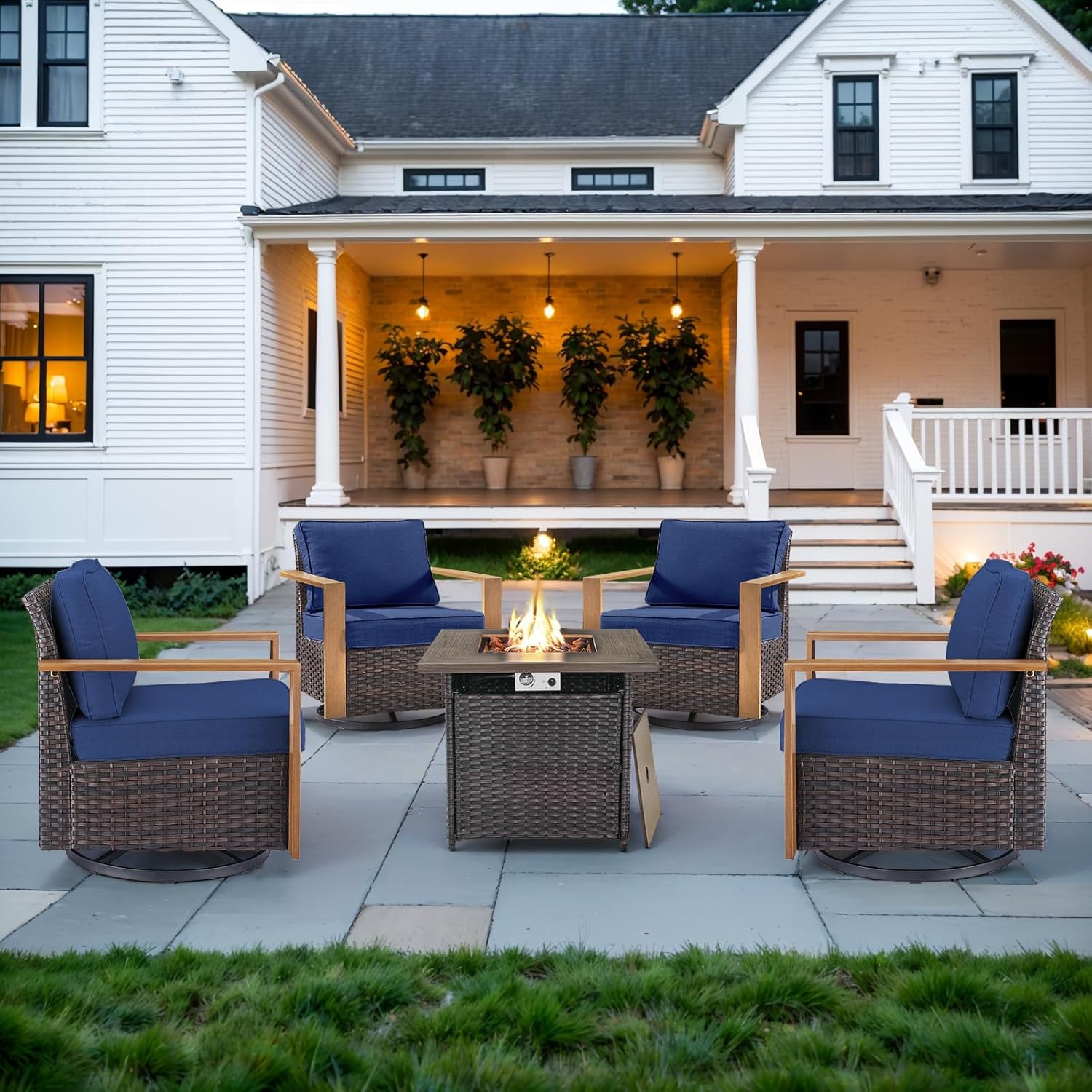 6 Piece Outdoor Patio Furniture Set with Propane Fire Pit Table, Wicker Patio Conversation Set with 2 Swivel Rocker Chairs Rattan Sofa and Removable 4" Thick Cushions for Deck Backyard