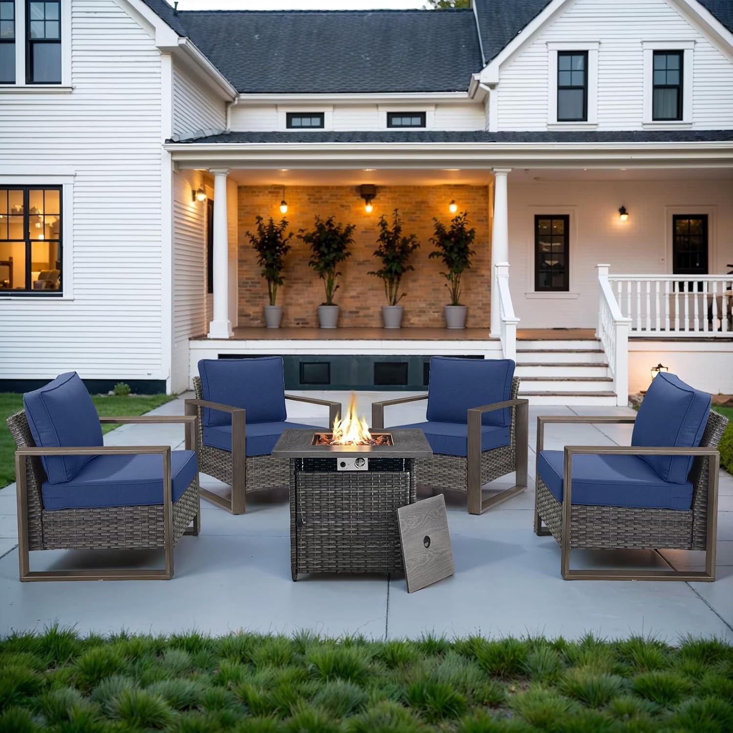 6 Piece Outdoor Patio Furniture Set with Propane Fire Pit Table, Wicker Patio Conversation Set with 2 Swivel Rocker Chairs Rattan Sofa and Removable 4" Thick Cushions for Deck Backyard