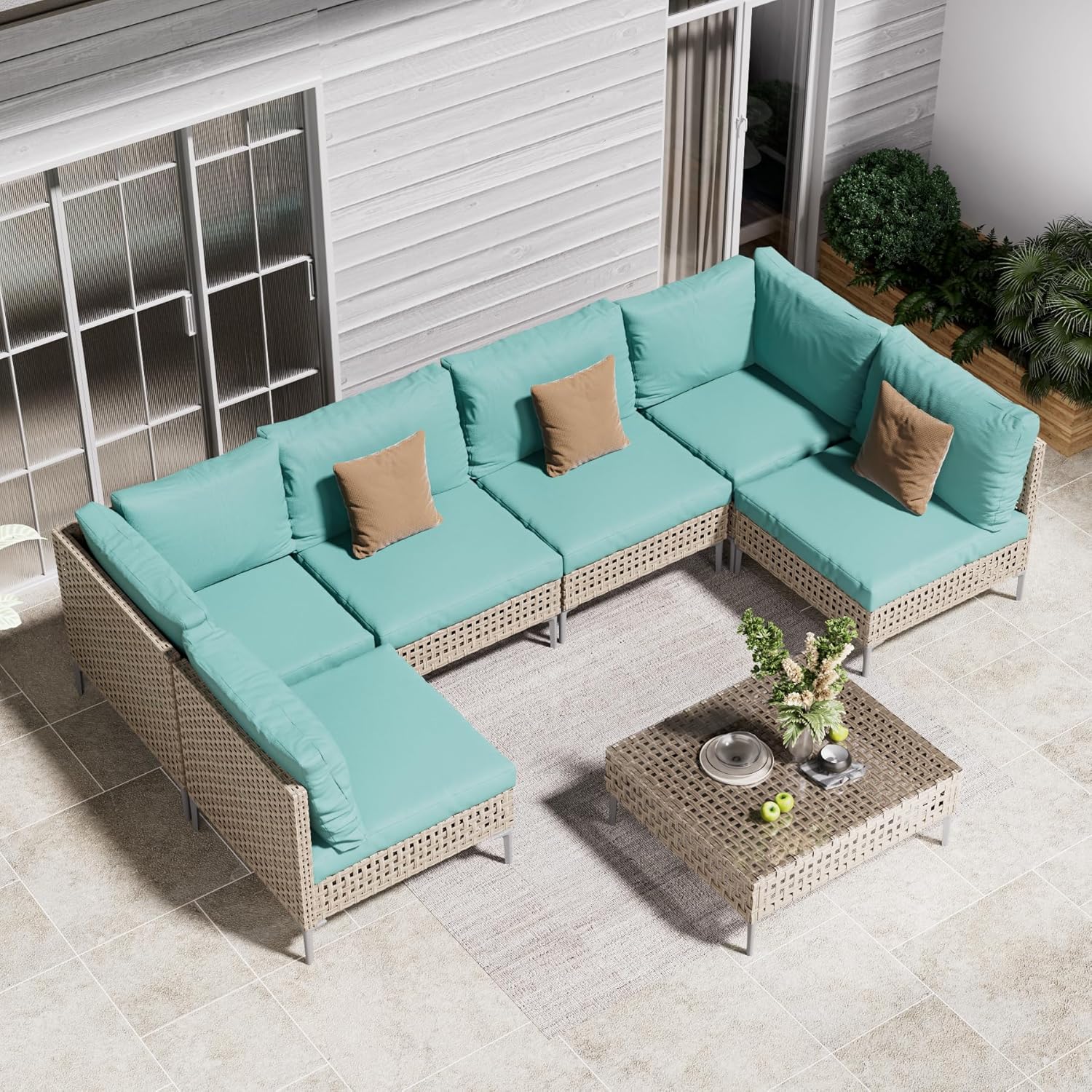 Grand patio 7-Piece Wicker Patio Furniture Set, Boho Outdoor Conversation Set Sectional Sofa with Water Resistant Thick Cushions and Coffee Table, Cream