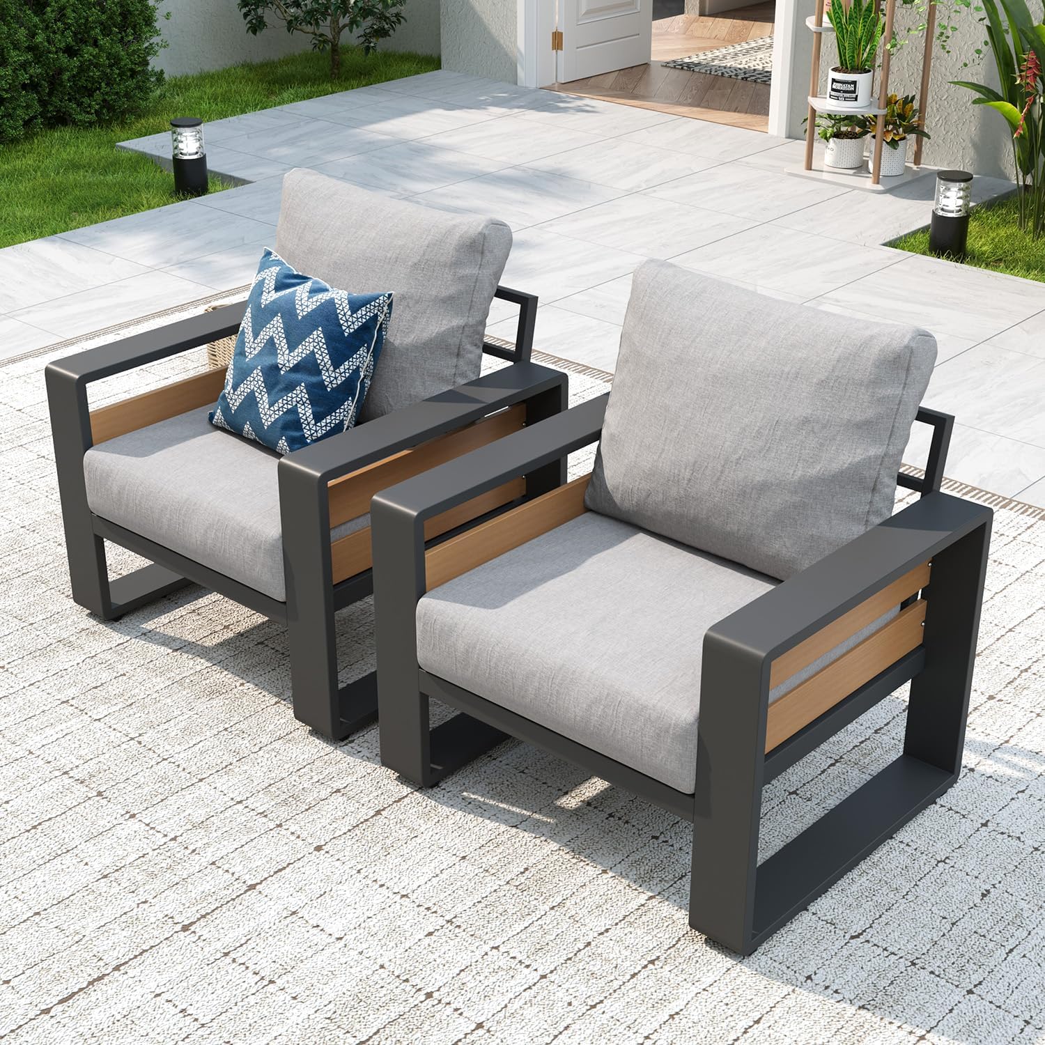 Aluminum Patio Furniture Set, 5 Piece Luxury Outdoor Sectional with 6" Olefin Fabric Cushions, Patio Conversation Sets with Coffee Table and Waterproof Cover for Backyard, Porch Dark Grey