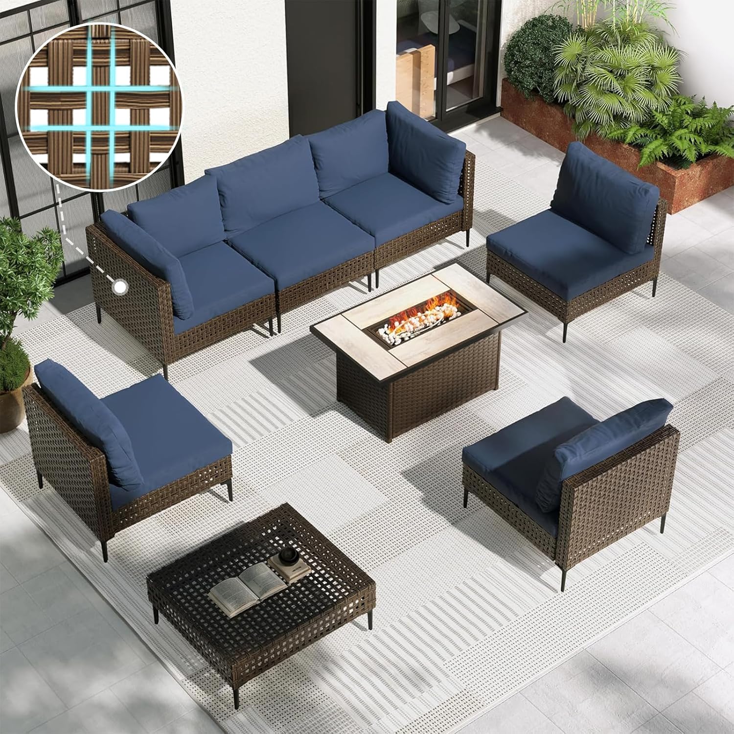 Grand patio 7-Piece Wicker Patio Furniture Set, Boho Outdoor Conversation Set Sectional Sofa with Water Resistant Thick Cushions and Coffee Table, Cream