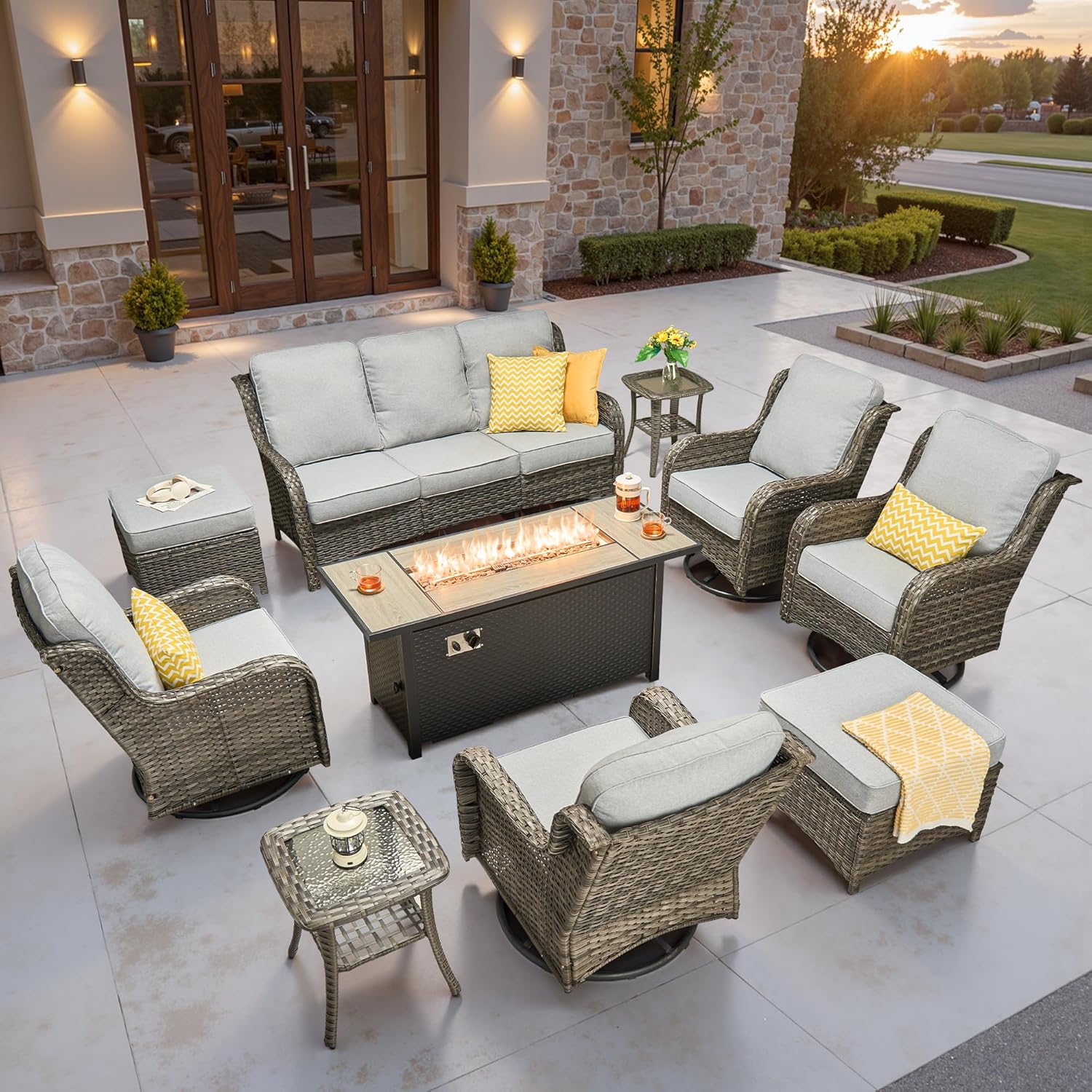 5 Pieces Patio Furniture Set, Outdoor Wicker Sofa Couch with Swivel Chairs Solar Lights Table, High Back Modern All Weather Conversation Sets, Grey Rattan, Denim Blue