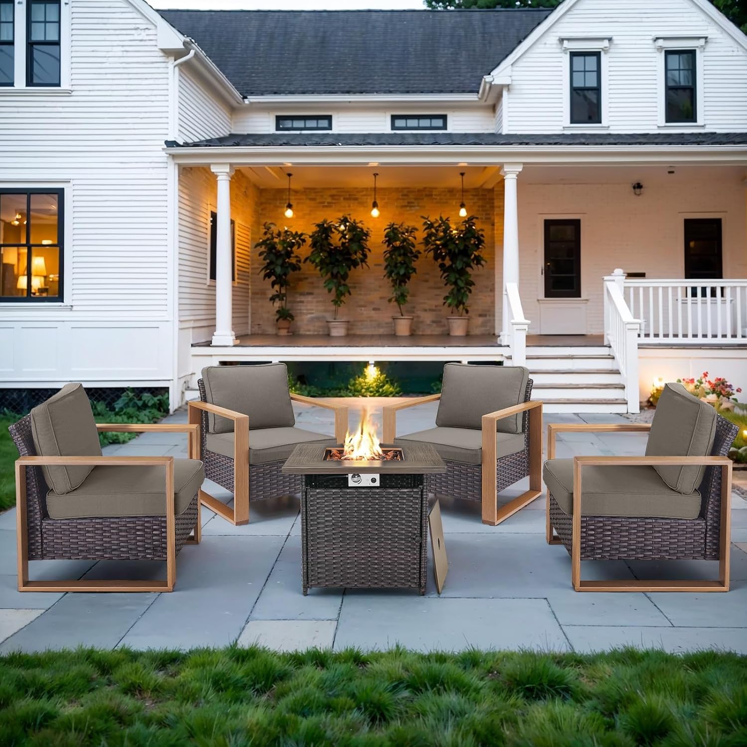 6 Piece Outdoor Patio Furniture Set with Propane Fire Pit Table, Wicker Patio Conversation Set with 2 Swivel Rocker Chairs Rattan Sofa and Removable 4" Thick Cushions for Deck Backyard