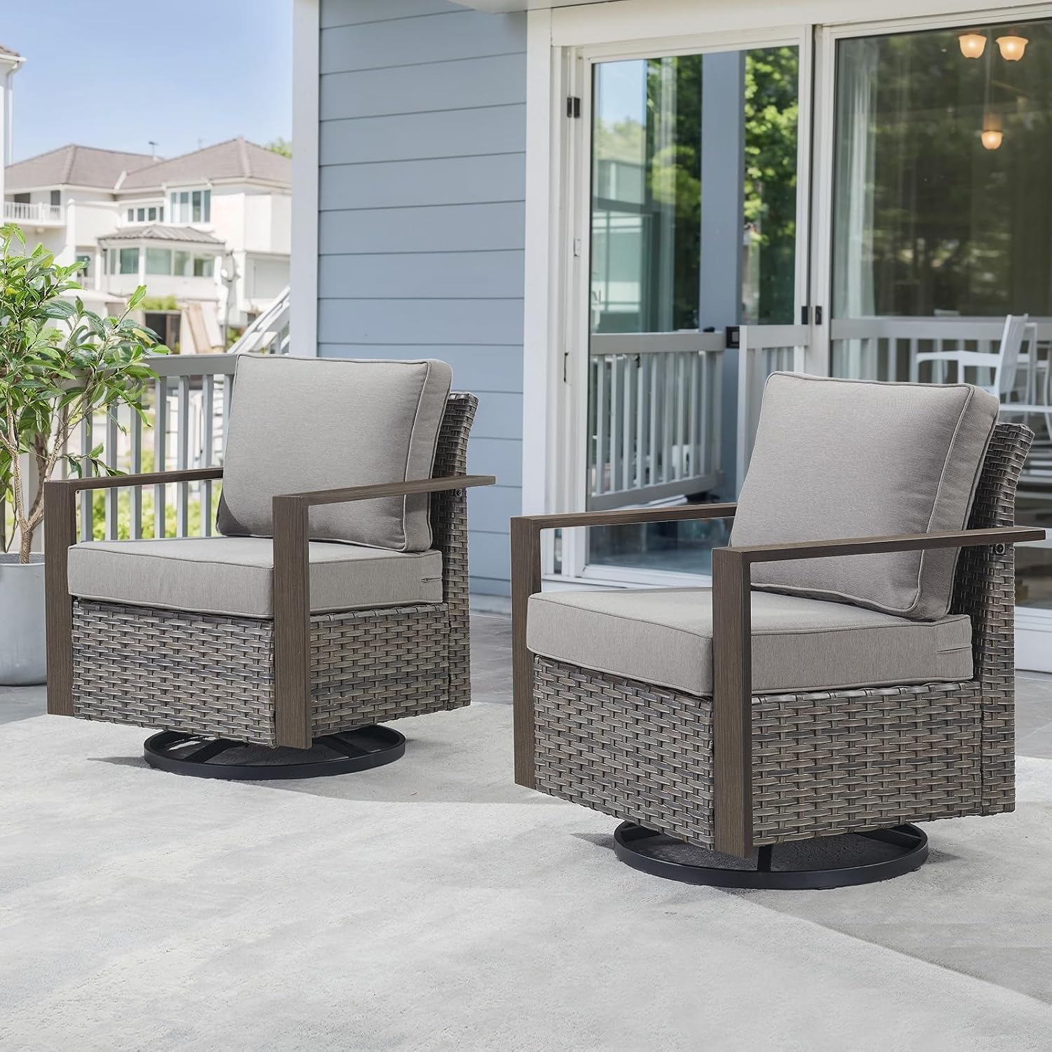 6 Piece Outdoor Patio Furniture Set with Propane Fire Pit Table, Wicker Patio Conversation Set with 2 Swivel Rocker Chairs Rattan Sofa and Removable 4" Thick Cushions for Deck Backyard
