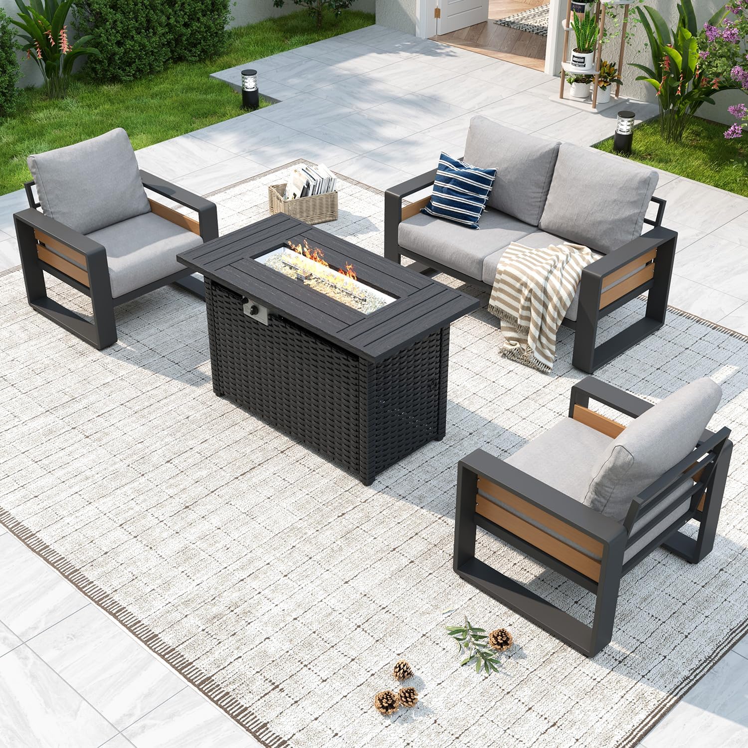 Aluminum Patio Furniture Set, 5 Piece Luxury Outdoor Sectional with 6" Olefin Fabric Cushions, Patio Conversation Sets with Coffee Table and Waterproof Cover for Backyard, Porch Dark Grey