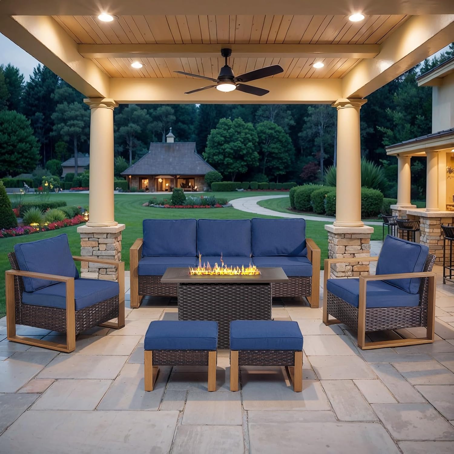 6 Piece Outdoor Patio Furniture Set with Propane Fire Pit Table, Wicker Patio Conversation Set with 2 Swivel Rocker Chairs Rattan Sofa and Removable 4" Thick Cushions for Deck Backyard