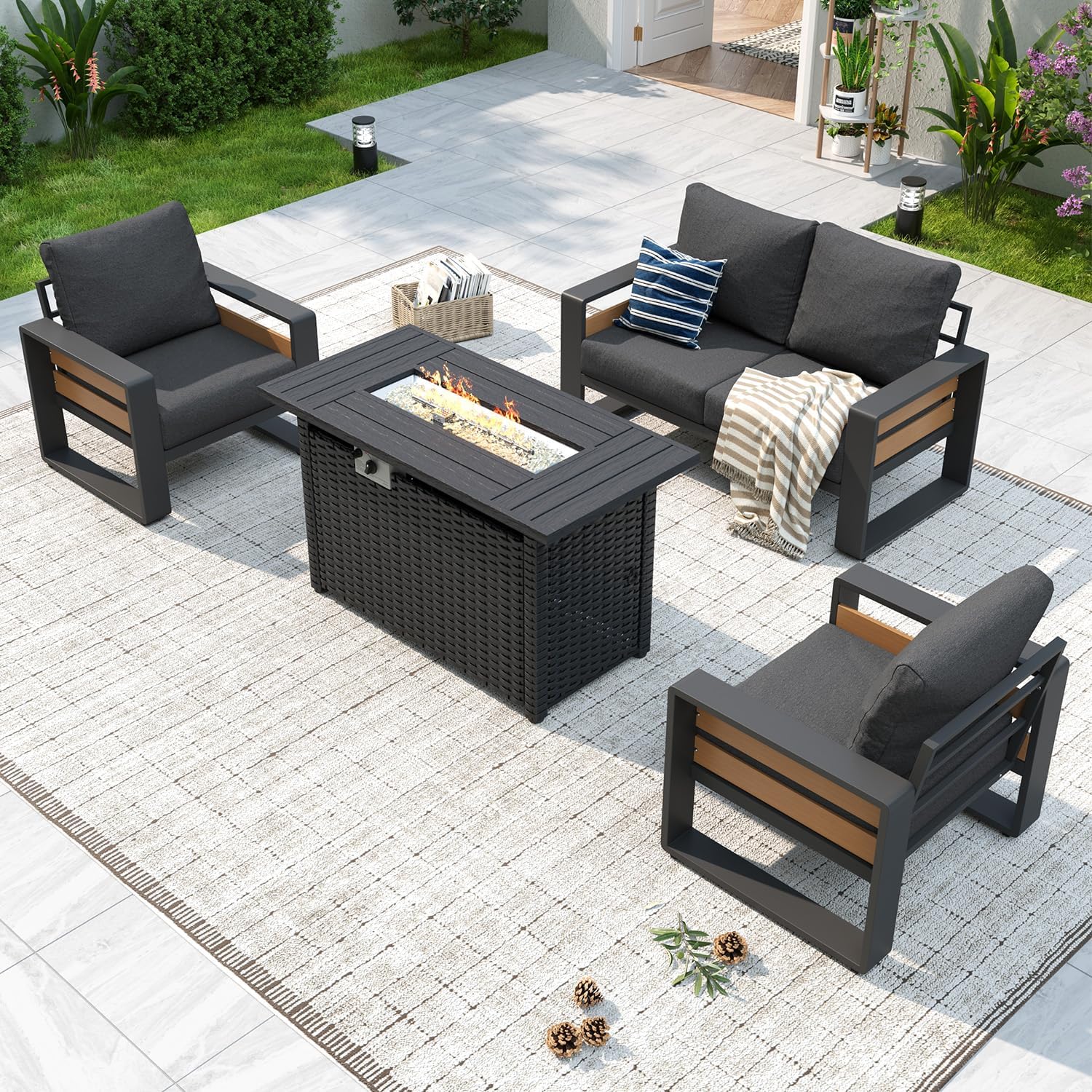 Aluminum Patio Furniture Set, 5 Piece Luxury Outdoor Sectional with 6" Olefin Fabric Cushions, Patio Conversation Sets with Coffee Table and Waterproof Cover for Backyard, Porch Dark Grey