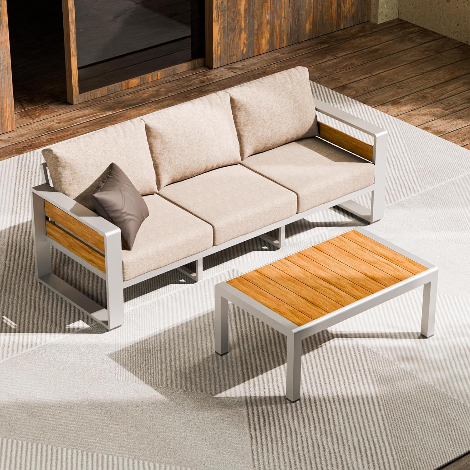 Aluminum Outdoor Patio Furniture Set, 5-Piece Metal Modern Outside Sectional Conversation Lawn Furniture with Coffee Table & Washable Thick Cushions,Seating Sofa for Garden/Backyard/Porch Grey