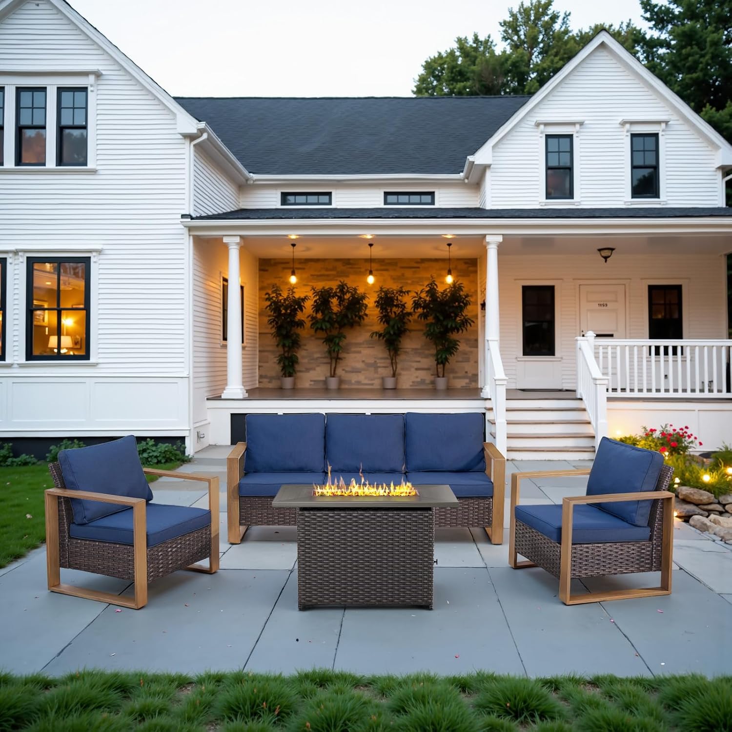 6 Piece Outdoor Patio Furniture Set with Propane Fire Pit Table, Wicker Patio Conversation Set with 2 Swivel Rocker Chairs Rattan Sofa and Removable 4" Thick Cushions for Deck Backyard