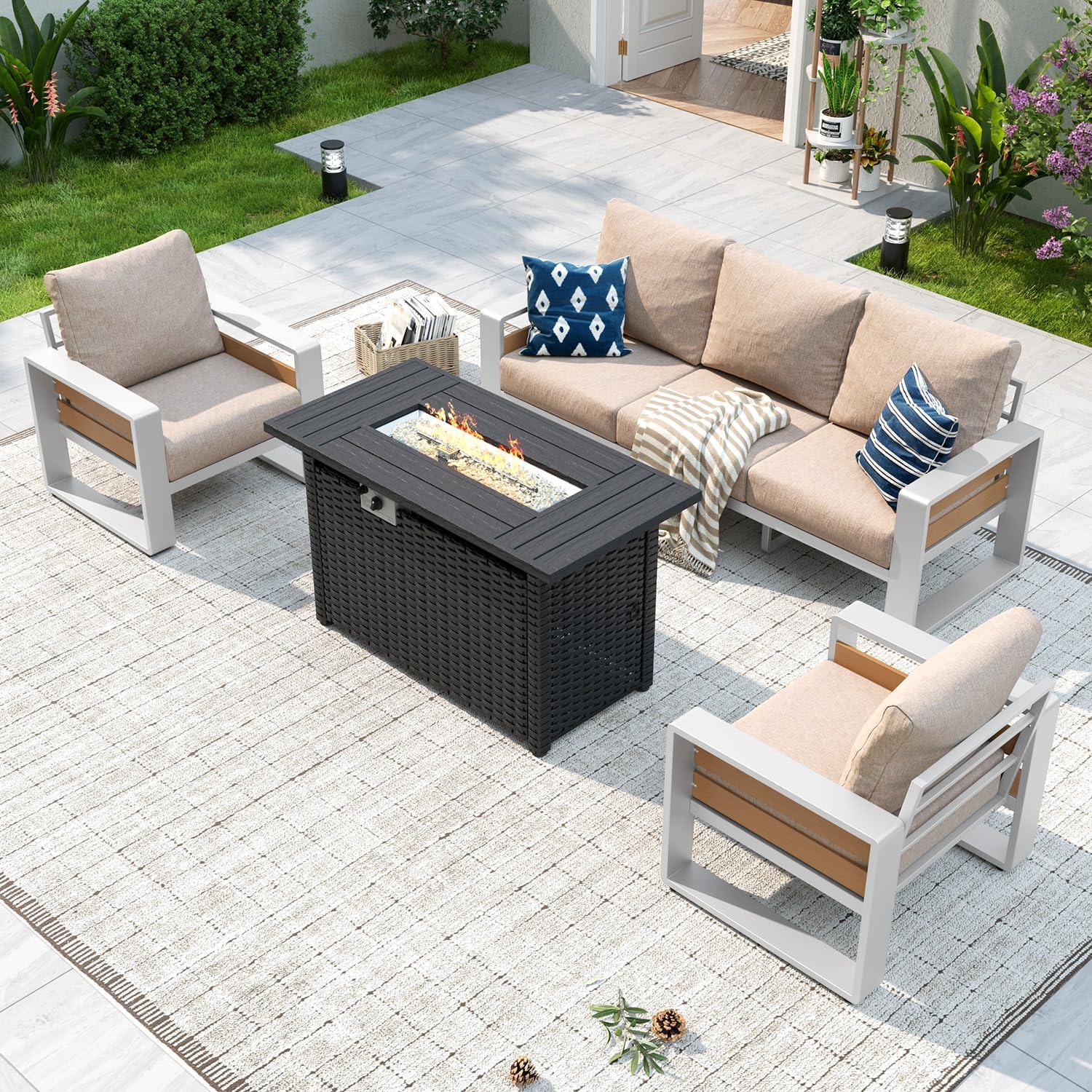 Aluminum Patio Furniture Set, 5 Piece Luxury Outdoor Sectional with 6" Olefin Fabric Cushions, Patio Conversation Sets with Coffee Table and Waterproof Cover for Backyard, Porch Dark Grey