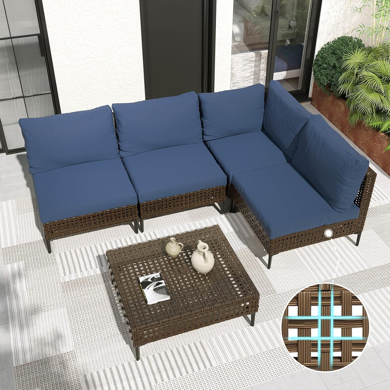 Grand patio 7-Piece Wicker Patio Furniture Set, Boho Outdoor Conversation Set Sectional Sofa with Water Resistant Thick Cushions and Coffee Table, Cream