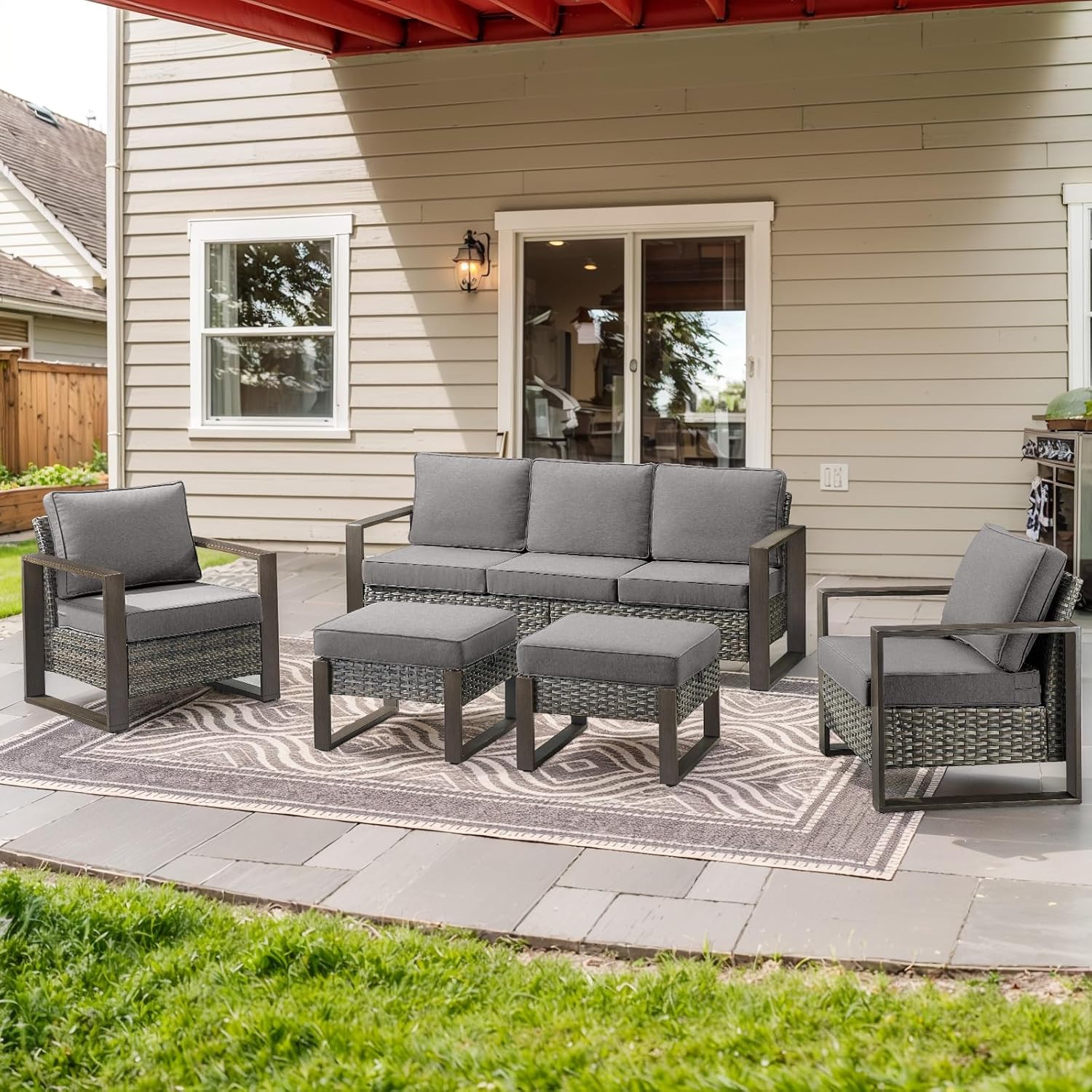 6 Piece Outdoor Patio Furniture Set with Propane Fire Pit Table, Wicker Patio Conversation Set with 2 Swivel Rocker Chairs Rattan Sofa and Removable 4" Thick Cushions for Deck Backyard