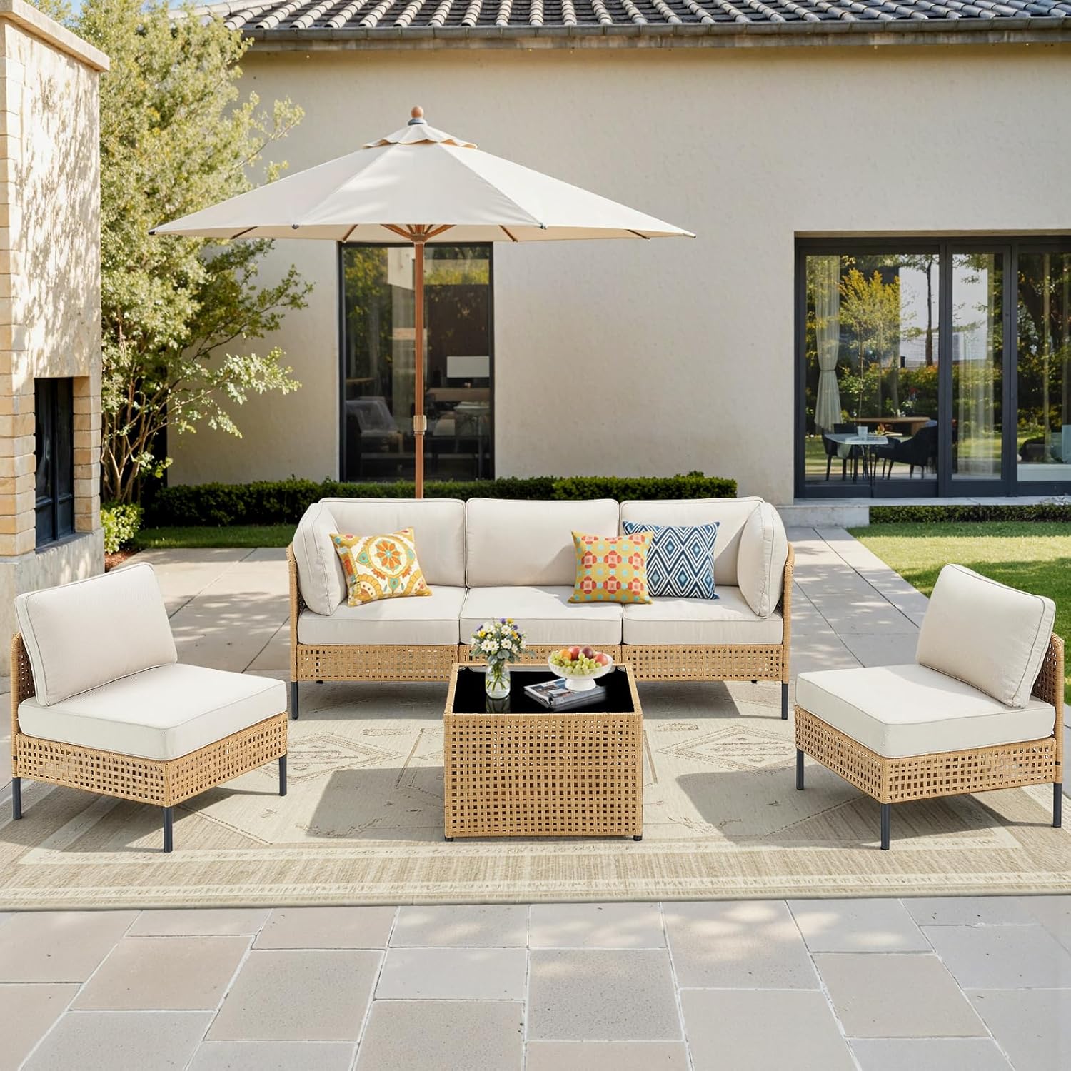 Large Outdoor Sectional 7-Piece, Boho Patio Sets for Outside with Coffee Table, All-Weather Waterproof Wicker Patio Furniture