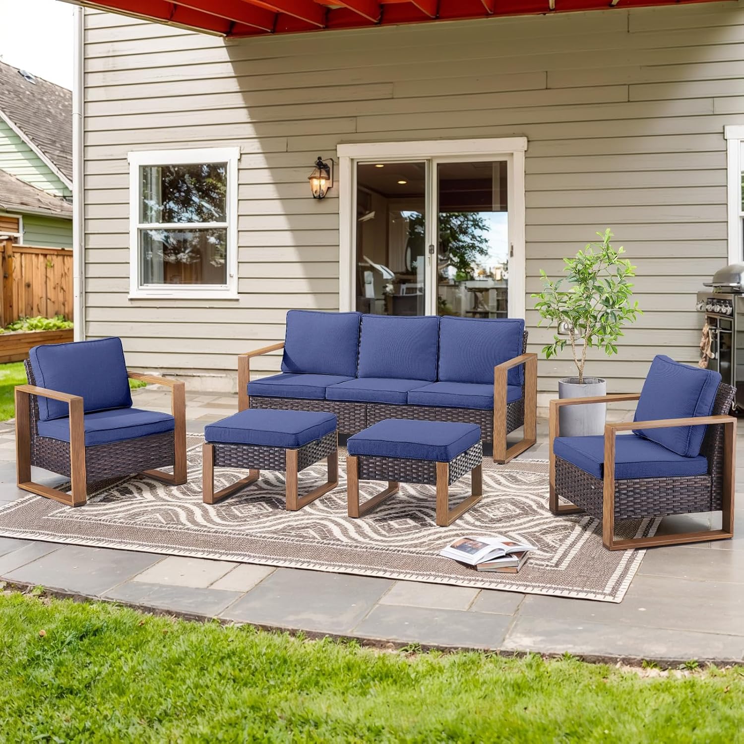 6 Piece Outdoor Patio Furniture Set with Propane Fire Pit Table, Wicker Patio Conversation Set with 2 Swivel Rocker Chairs Rattan Sofa and Removable 4" Thick Cushions for Deck Backyard