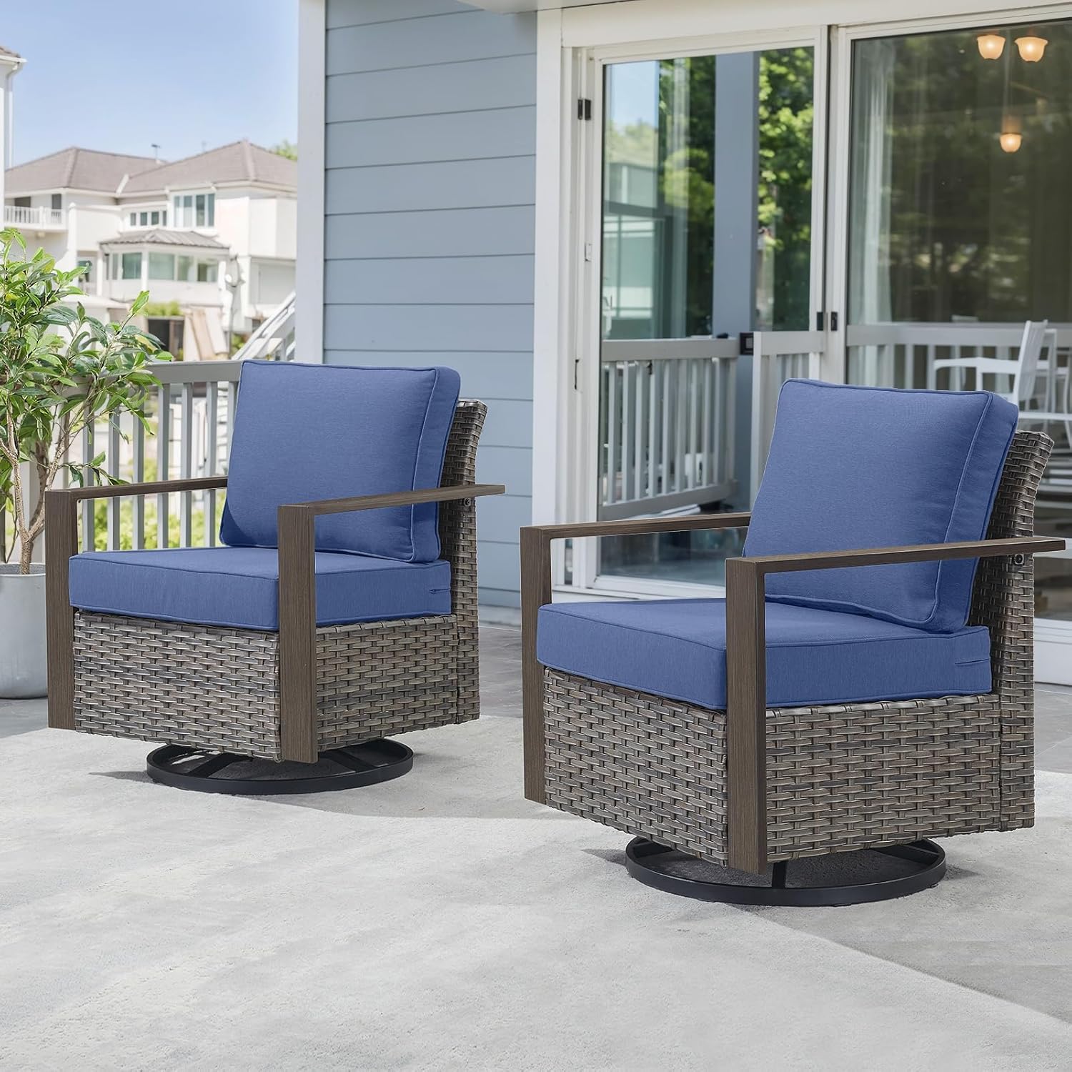 6 Piece Outdoor Patio Furniture Set with Propane Fire Pit Table, Wicker Patio Conversation Set with 2 Swivel Rocker Chairs Rattan Sofa and Removable 4" Thick Cushions for Deck Backyard