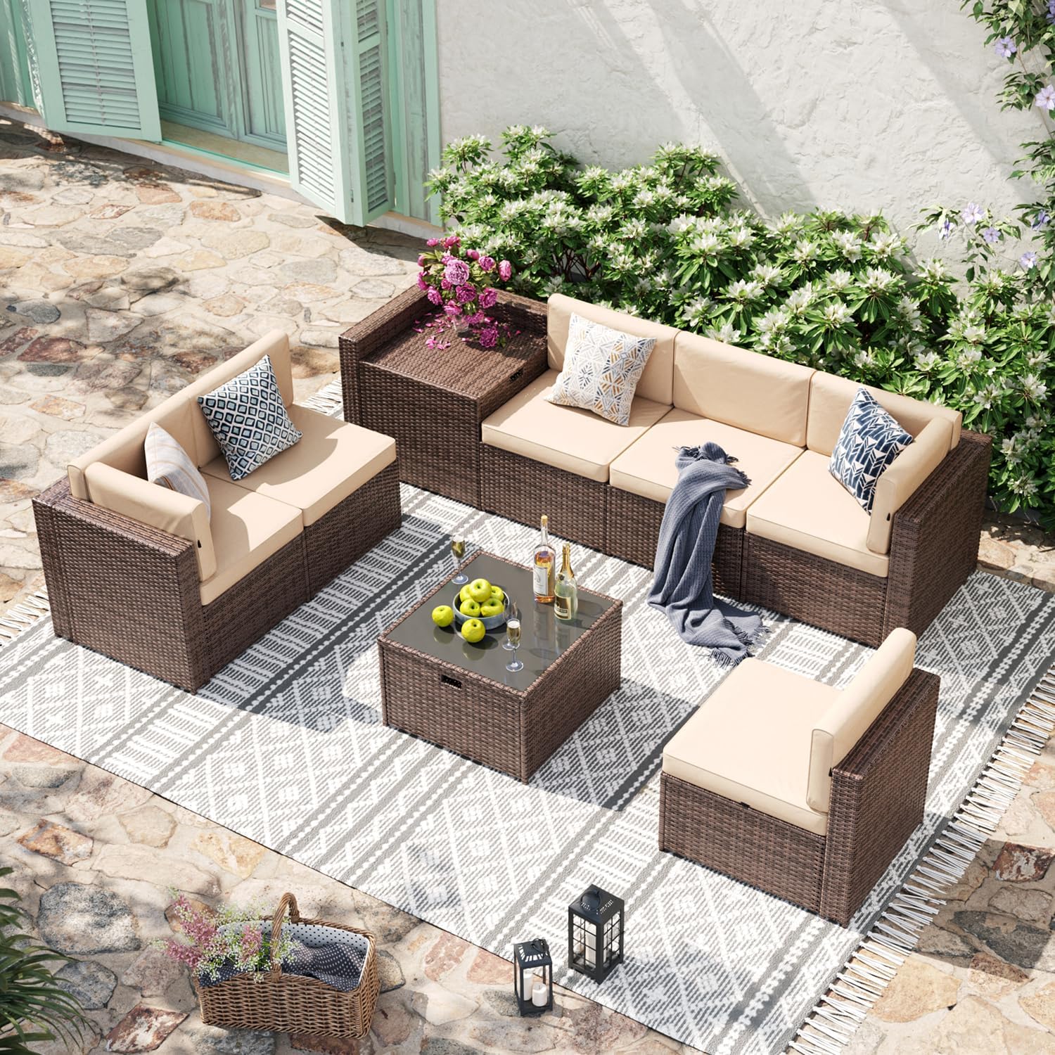 8 Piece Patio Furniture Set, Wicker Outdoor Furniture Set with Storage Box and Glass Top Table, Patio Sectional Set with Thickened Cushions and Include Waterproof Cover (Brown & Khaki)