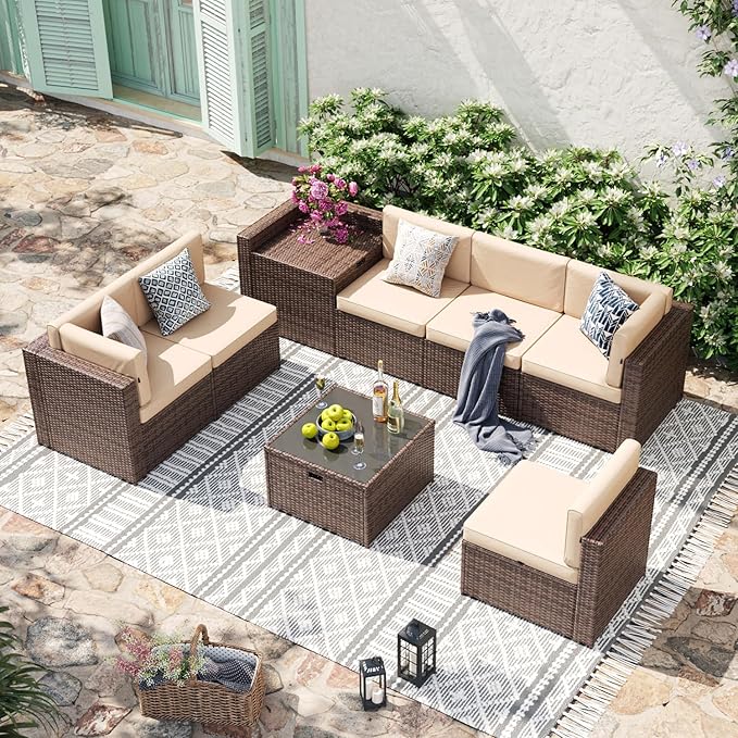 8 Piece Patio Furniture Set, Wicker Outdoor Furniture Set with Storage Box and Glass Top Table, Patio Sectional Set with Thickened Cushions and Include Waterproof Cover (Brown & Khaki)