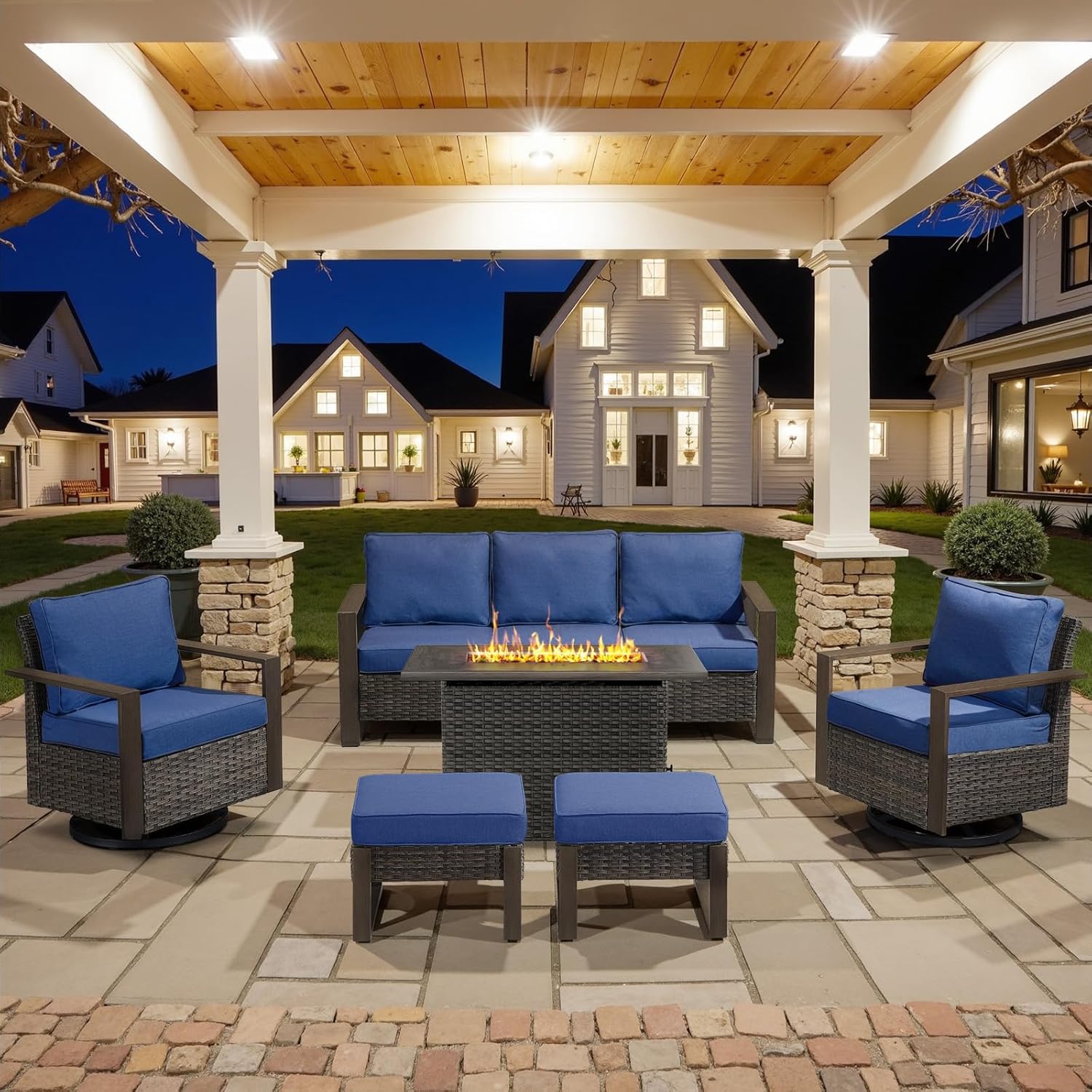 6 Piece Outdoor Patio Furniture Set with Propane Fire Pit Table, Wicker Patio Conversation Set with 2 Swivel Rocker Chairs Rattan Sofa and Removable 4" Thick Cushions for Deck Backyard