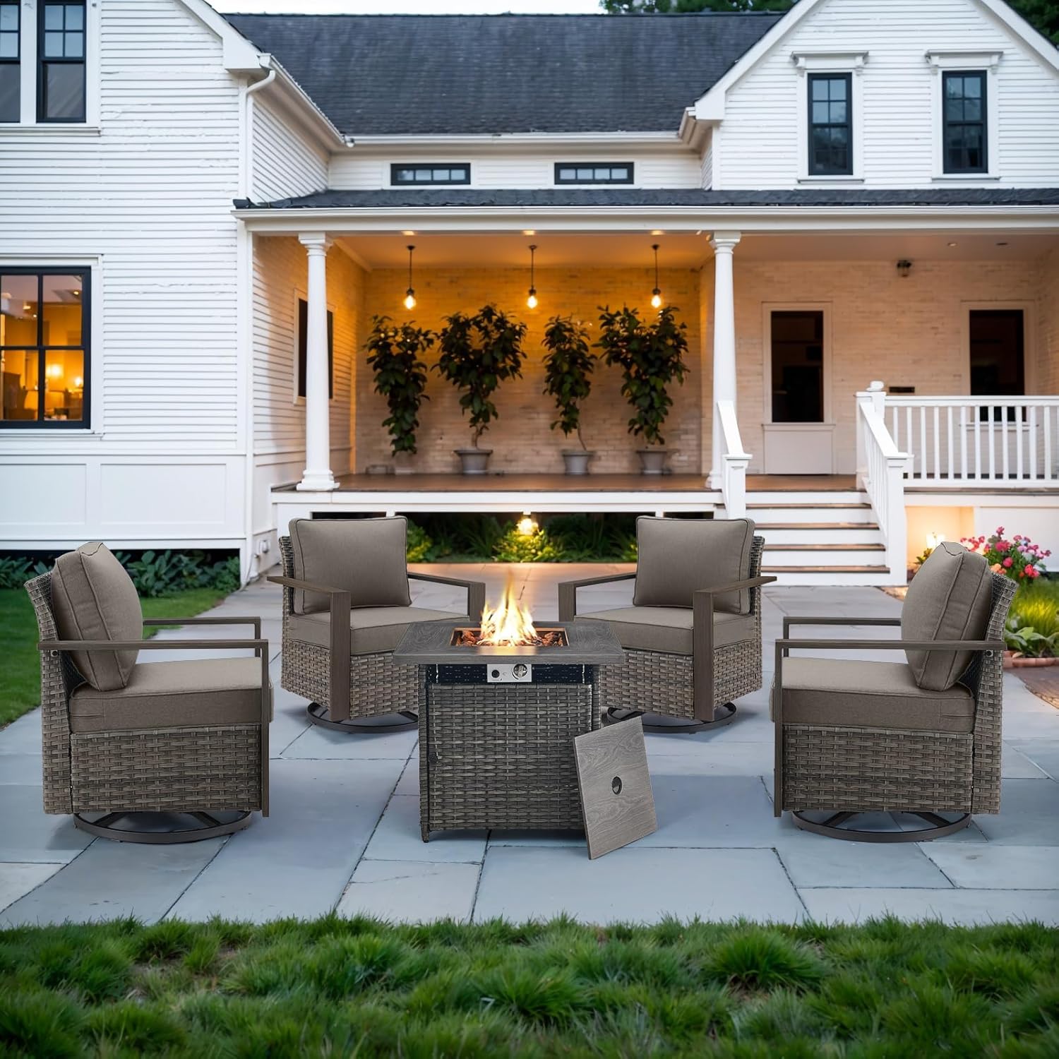 6 Piece Outdoor Patio Furniture Set with Propane Fire Pit Table, Wicker Patio Conversation Set with 2 Swivel Rocker Chairs Rattan Sofa and Removable 4" Thick Cushions for Deck Backyard